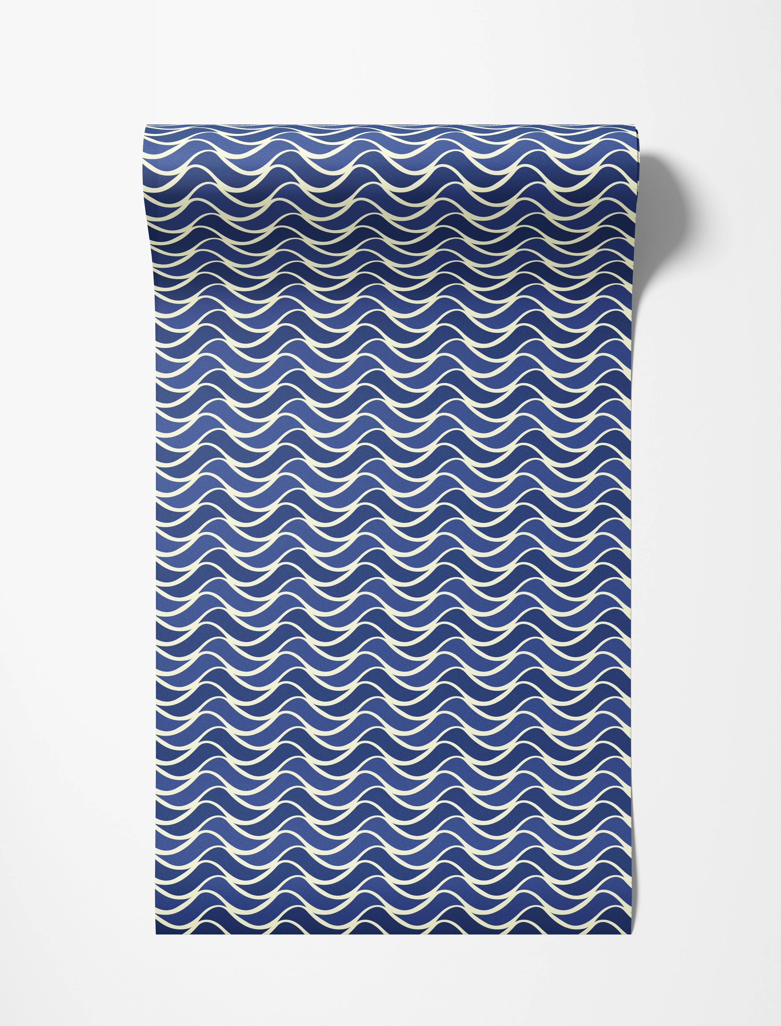 A wallpaper with a rhythmic wave pattern in shades of blue, outlined in a soft cream color.