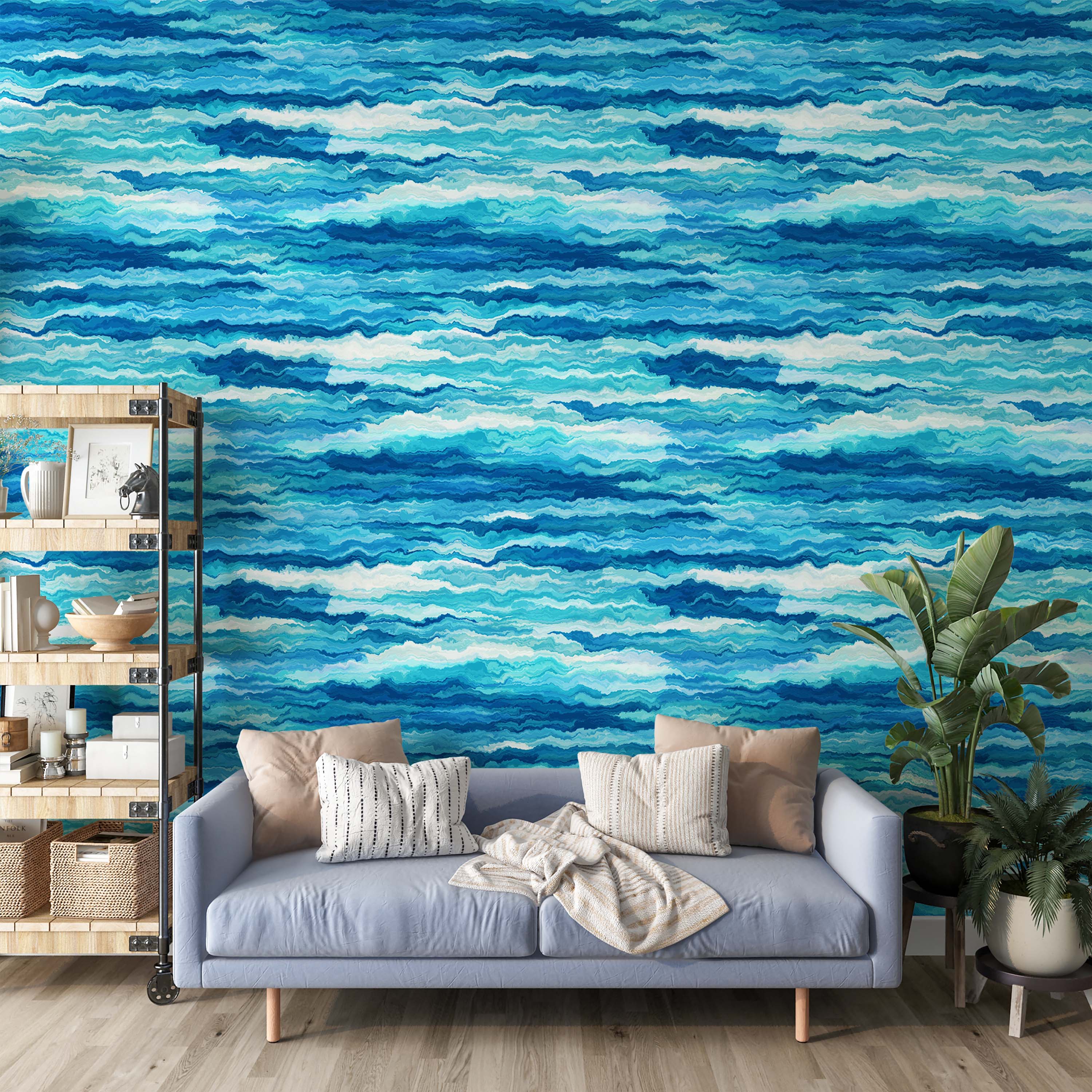Wallpaper featuring abstract horizontal wavy lines in shades of blue, aqua, and white, resembling flowing water or clouds.