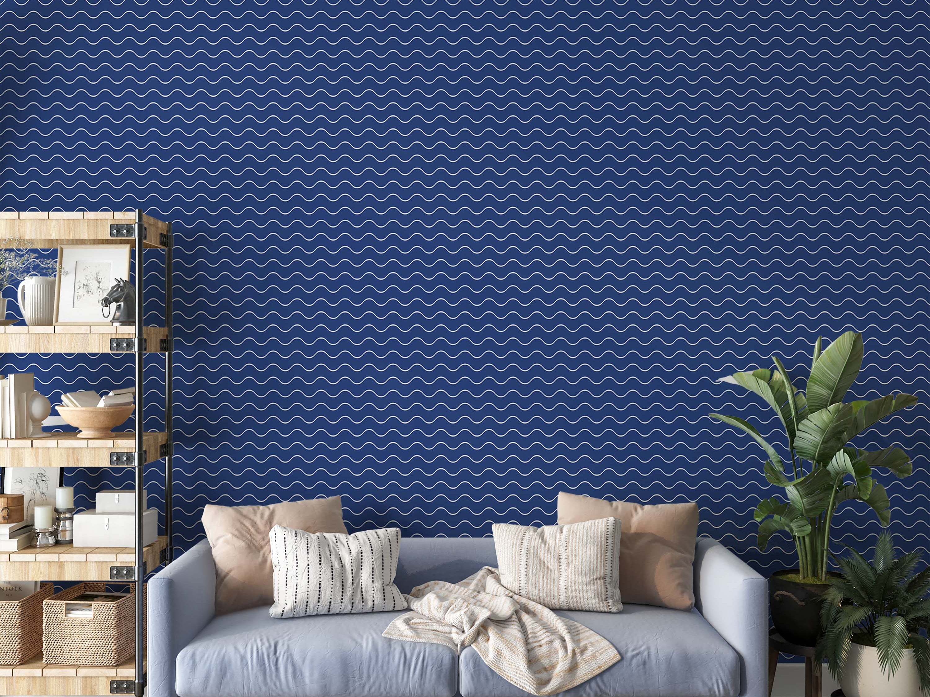 Dark blue wallpaper featuring a repeating pattern of thin, white, horizontal wavy lines.