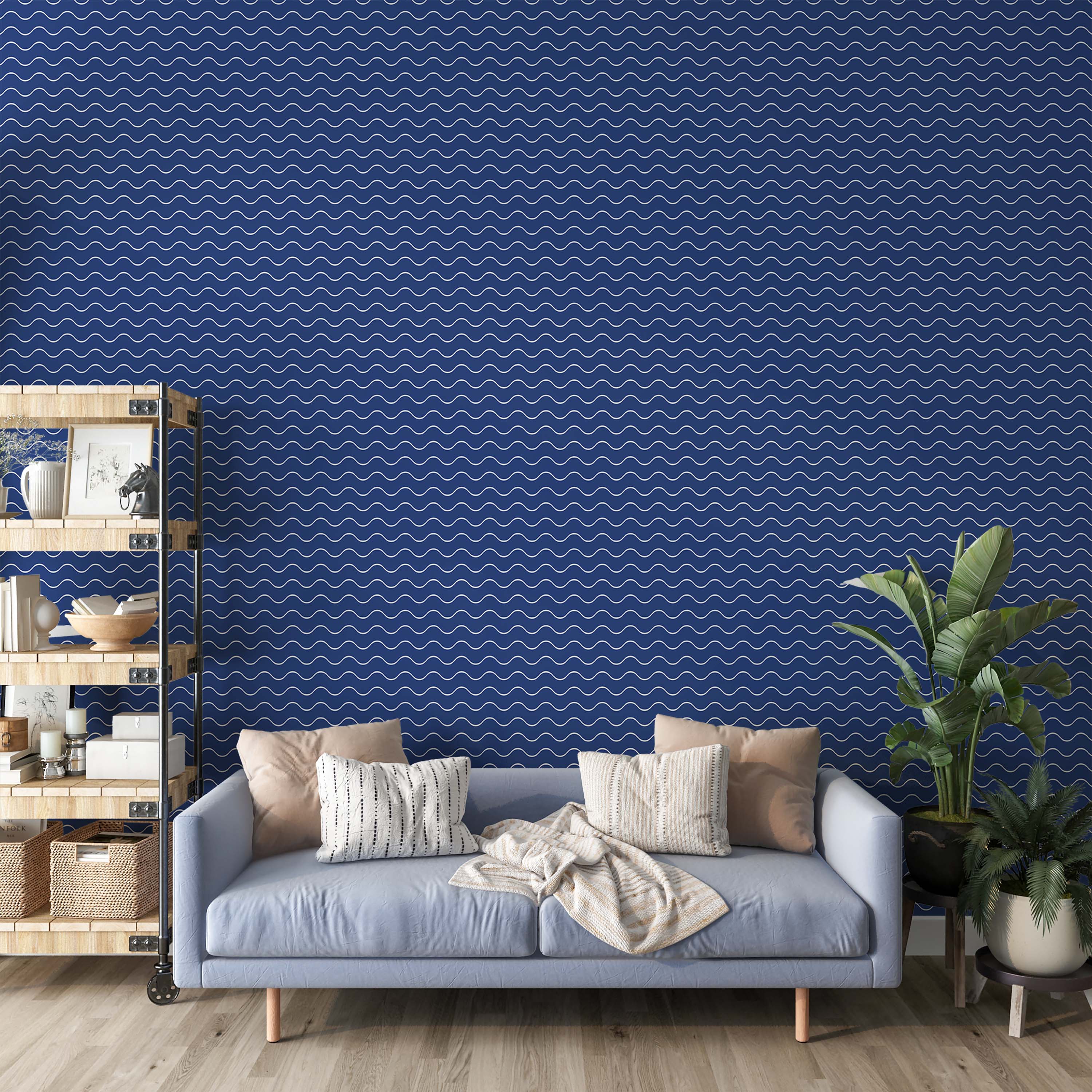 Dark blue wallpaper featuring a repeating pattern of thin, white, horizontal wavy lines.