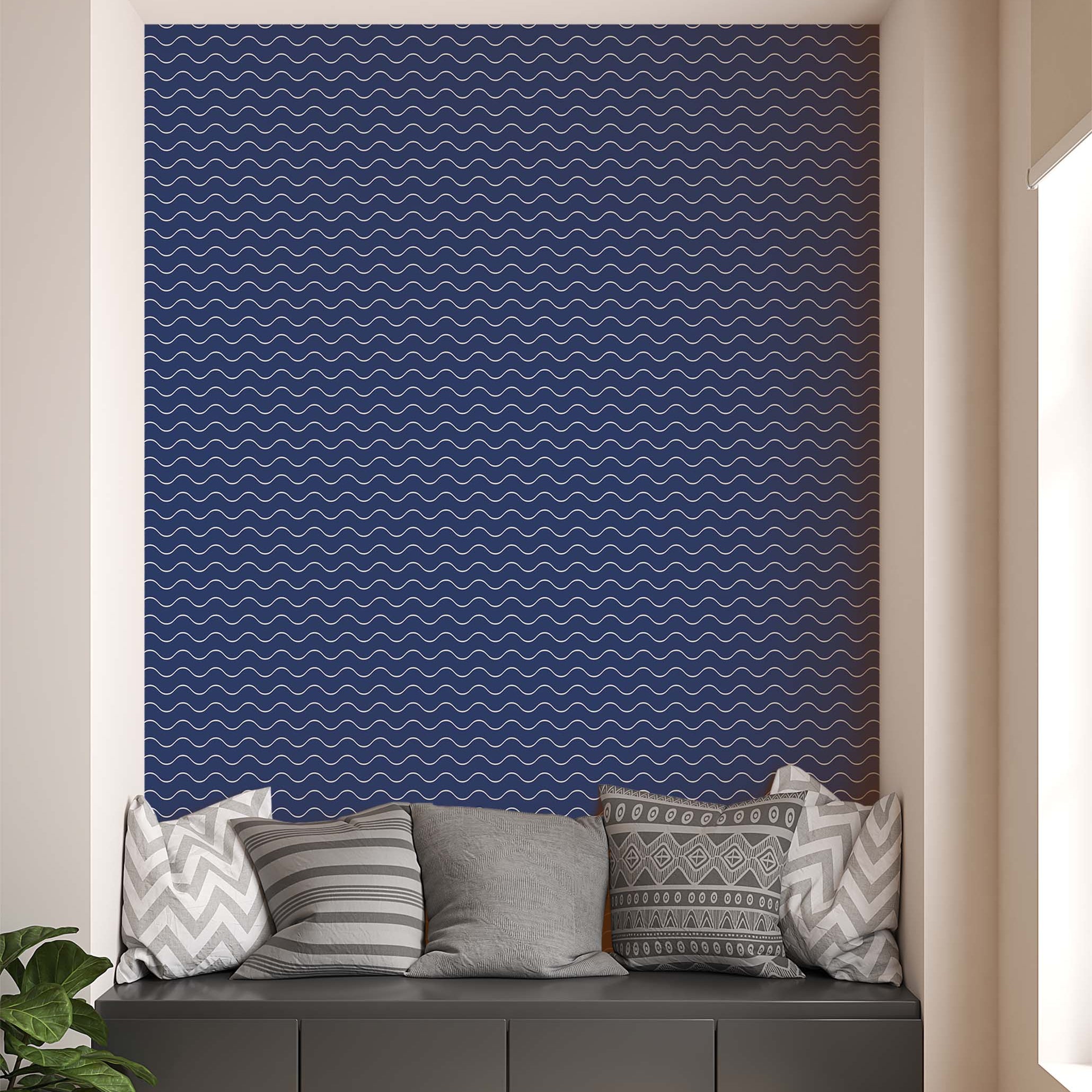Dark blue wallpaper with a repeating pattern of thin, horizontal white wavy lines.