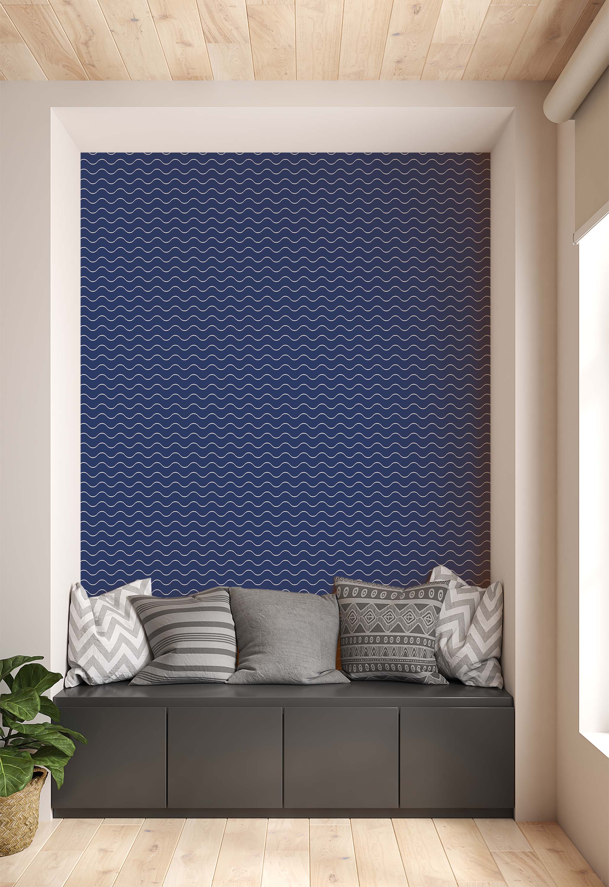 Dark blue wallpaper with a repeating pattern of thin, horizontal white wavy lines.