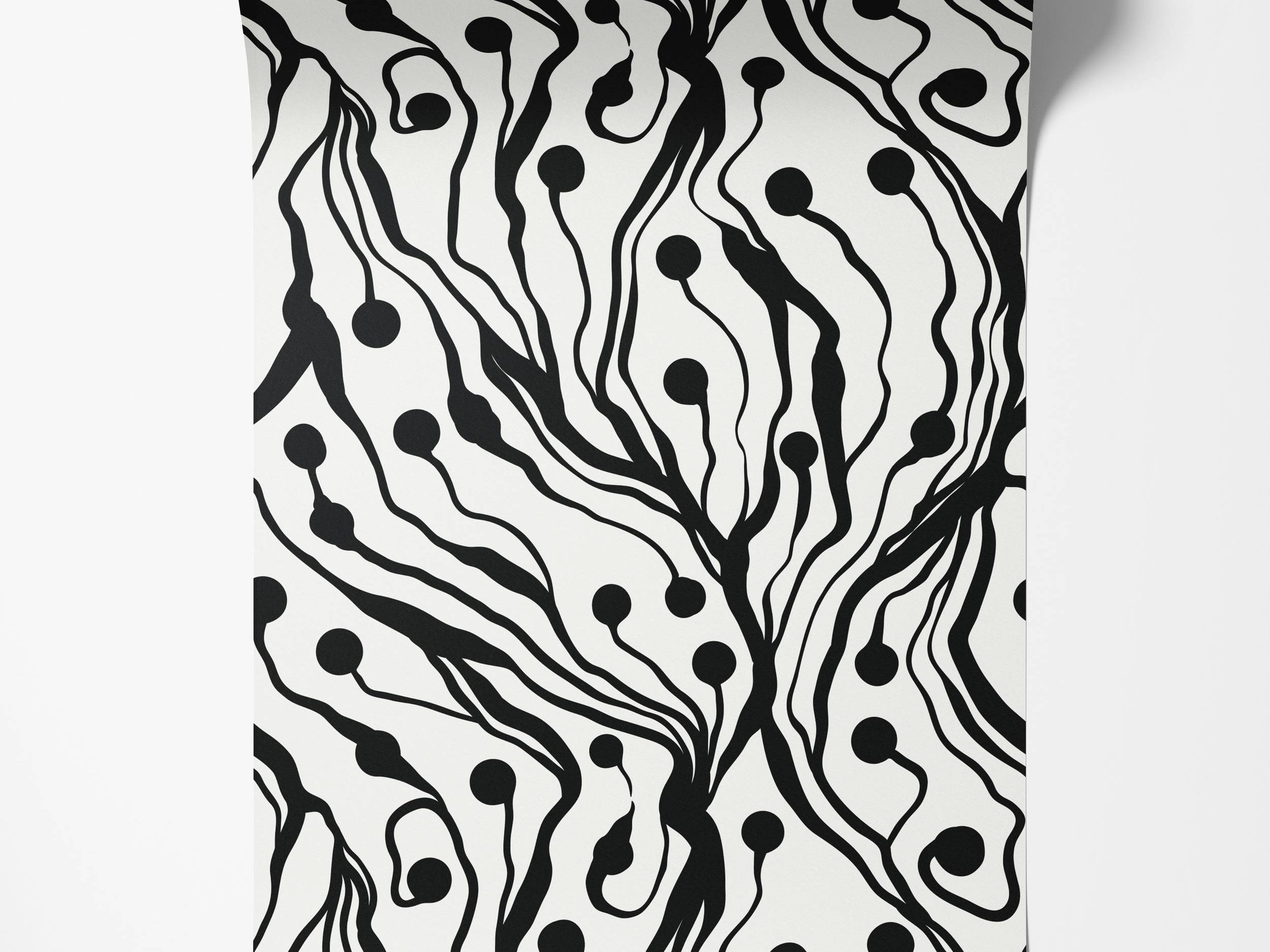 Abstract wallpaper featuring thick, wavy black lines and solid black dots branching across a white background.