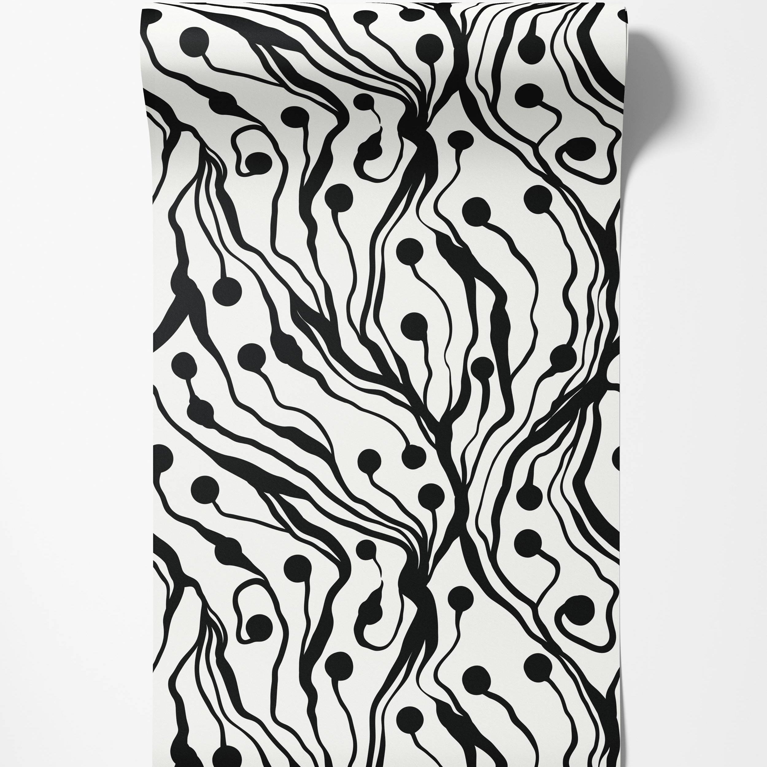 Abstract wallpaper featuring thick, wavy black lines and solid black dots branching across a white background.