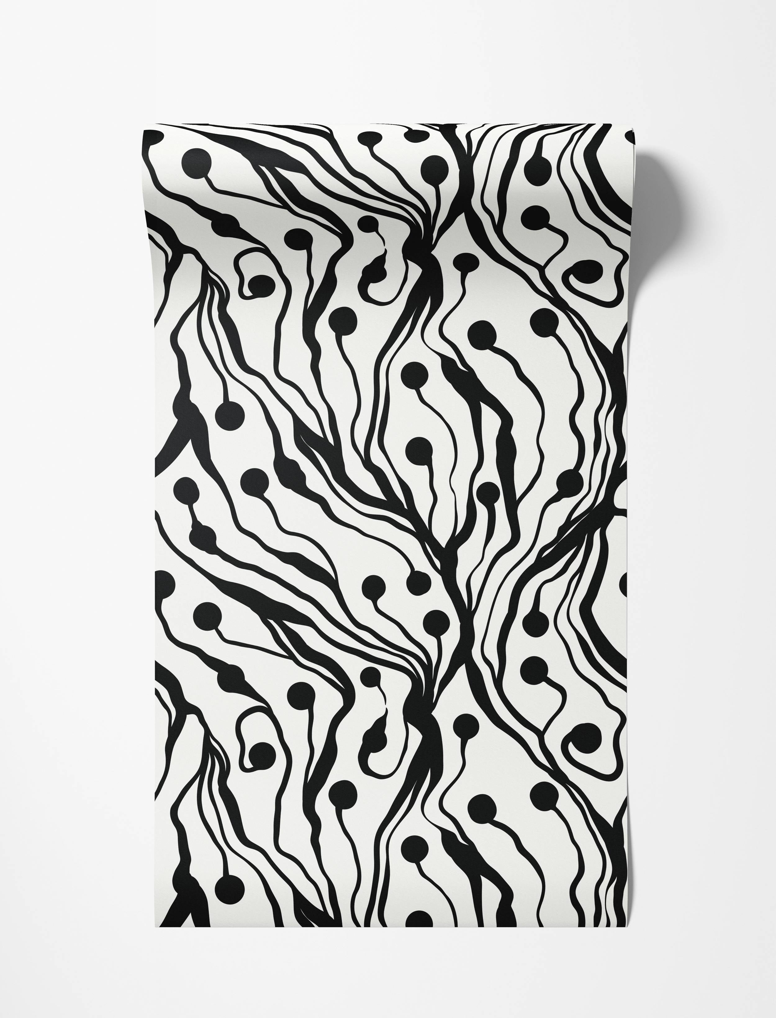 Abstract wallpaper featuring thick, wavy black lines and solid black dots branching across a white background.