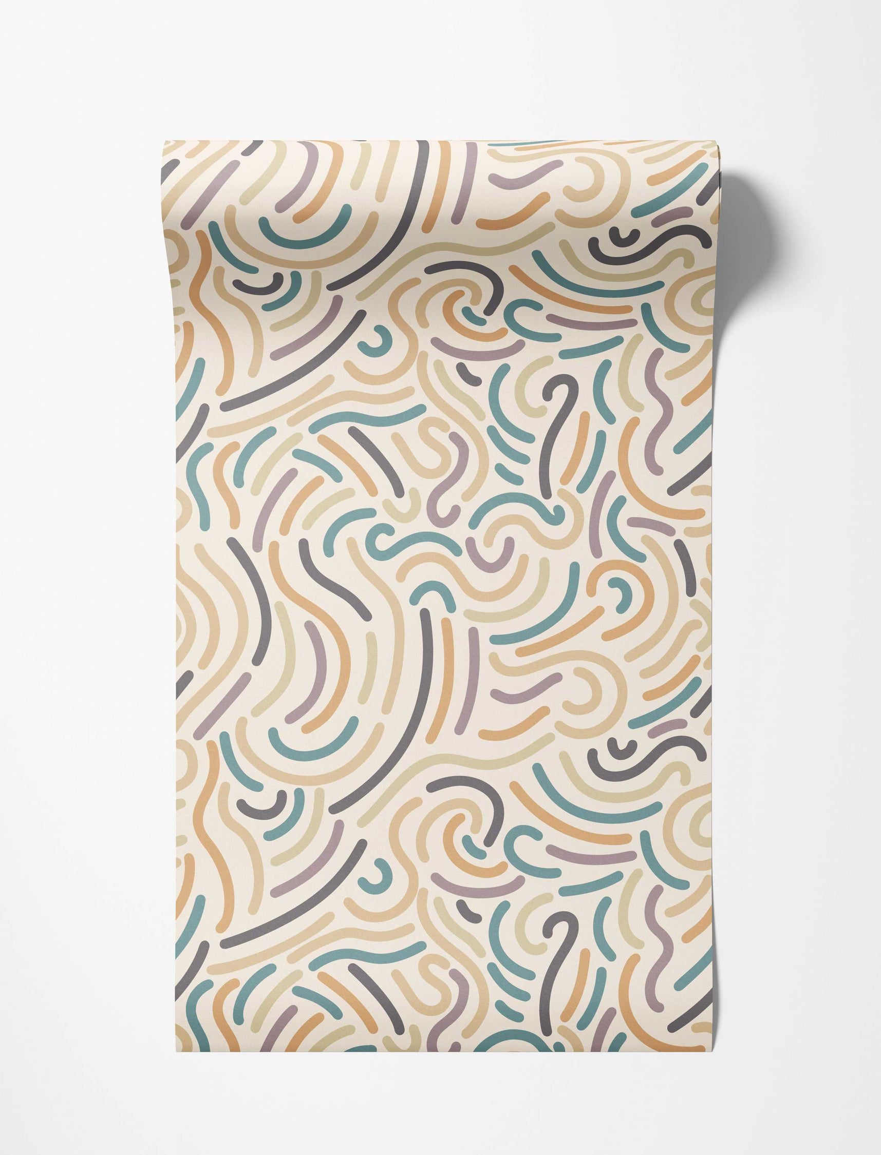 Abstract wallpaper with thick, wavy lines in teal, orange, yellow, lavender, and grey on a cream background.