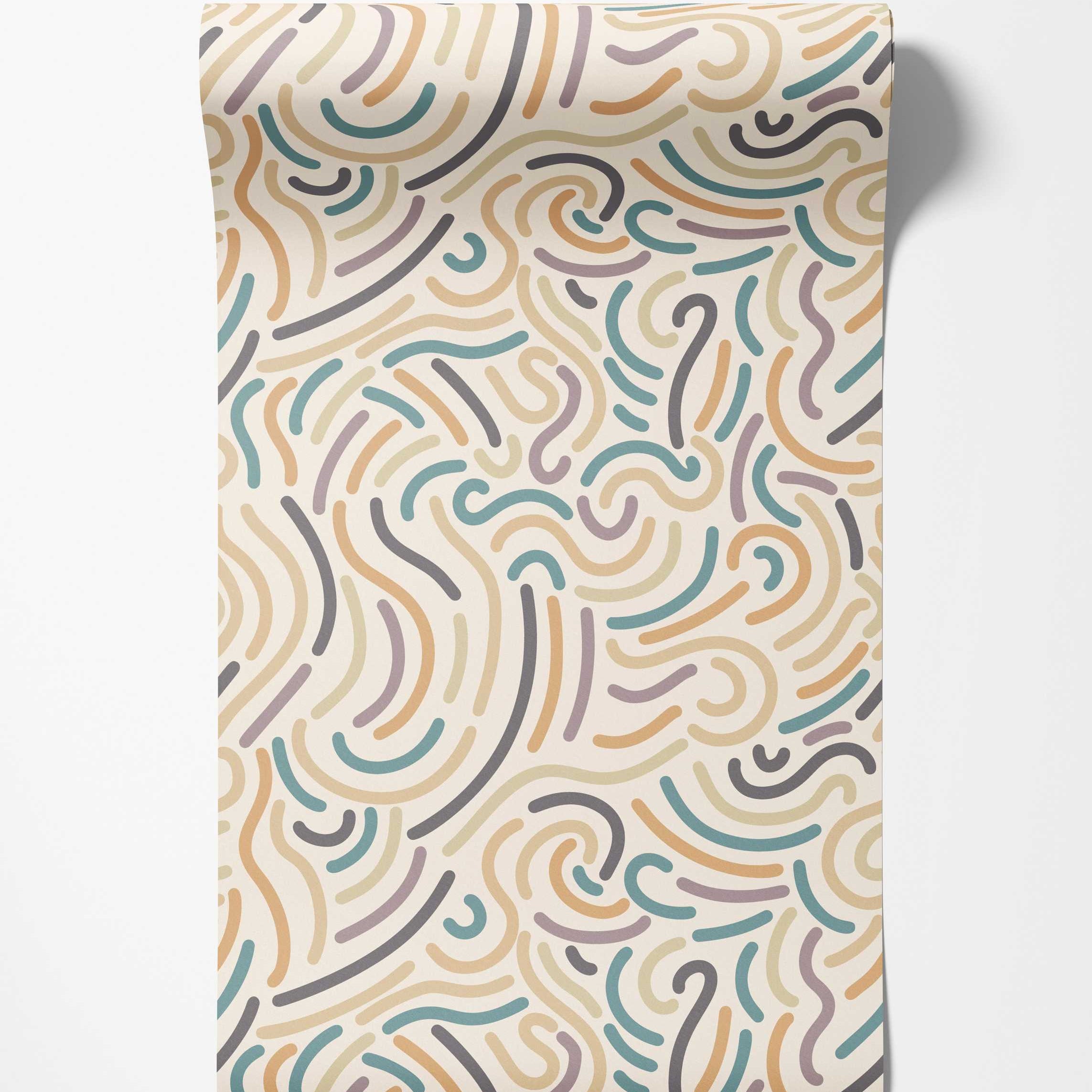 Abstract wallpaper with thick, wavy lines in teal, orange, yellow, lavender, and grey on a cream background.
