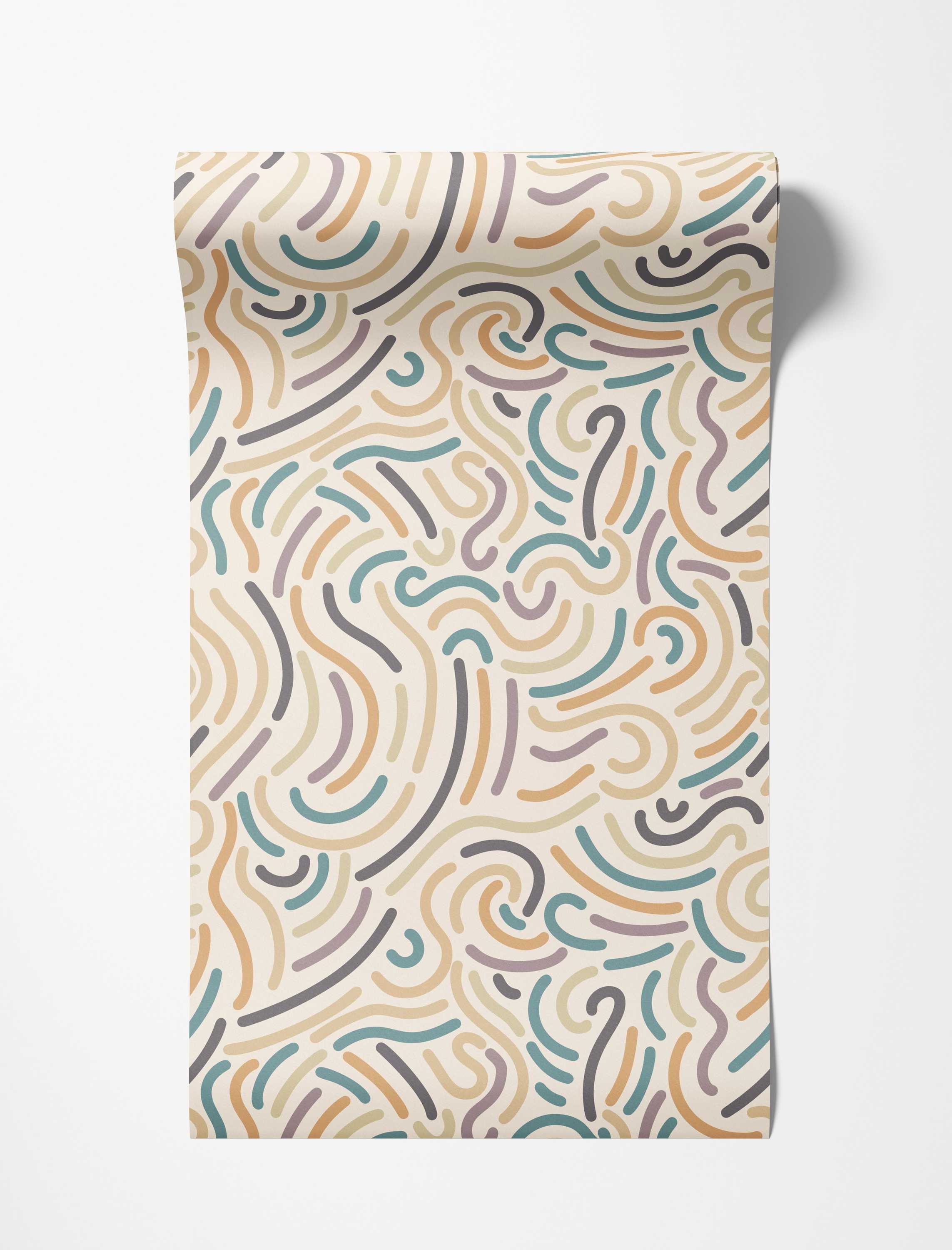 Abstract wallpaper with thick, wavy lines in teal, orange, yellow, lavender, and grey on a cream background.