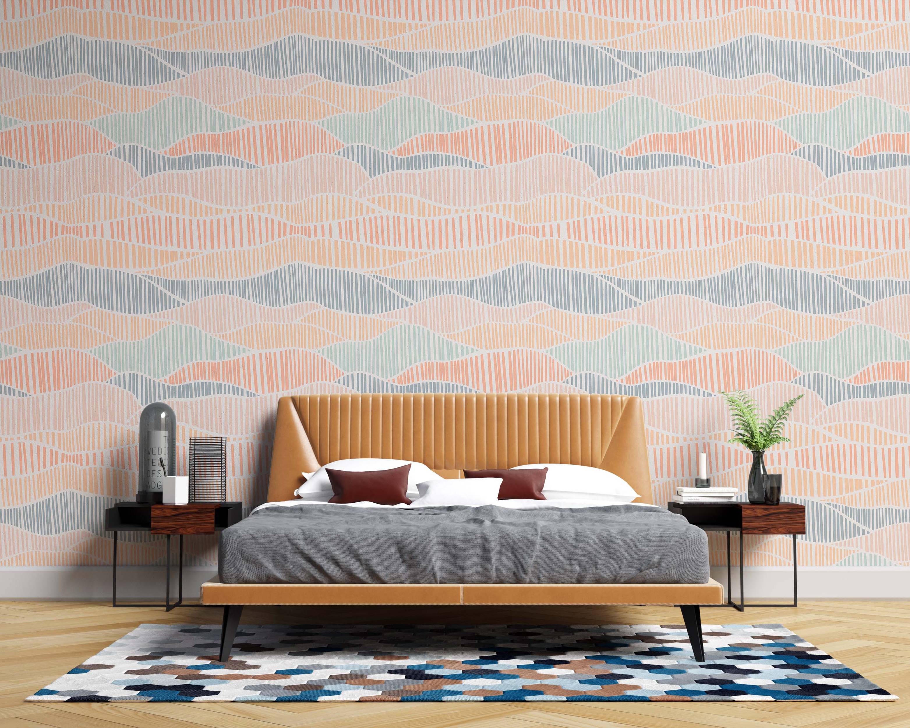 Abstract wallpaper featuring rolling hills in pastel peach, blue, grey-blue, and mint green, filled with vertical hand-drawn lines.
