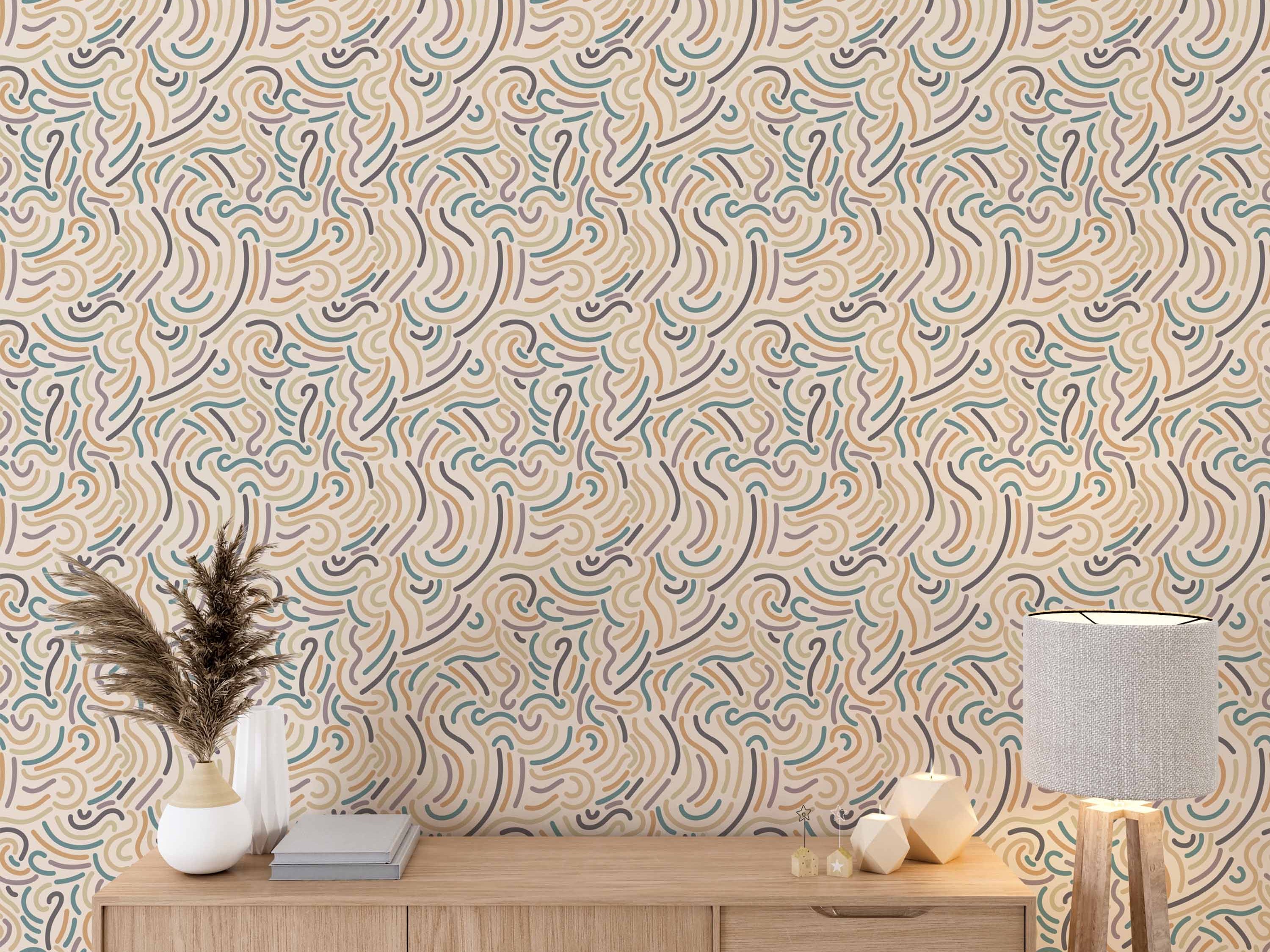 Abstract wallpaper featuring hand-drawn style wavy lines in muted tan, teal, lavender, and brown on a light beige background.