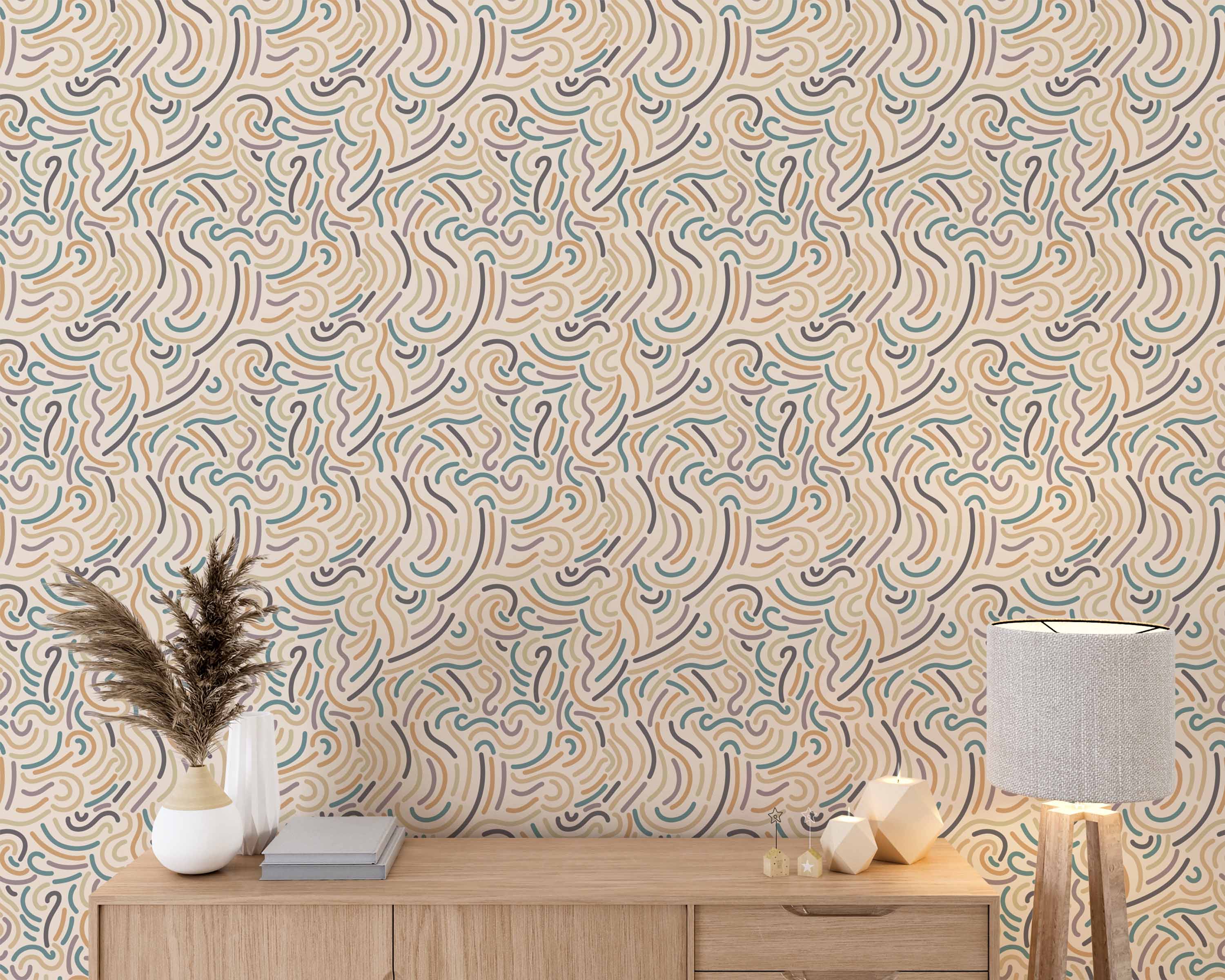 Abstract wallpaper featuring hand-drawn style wavy lines in muted tan, teal, lavender, and brown on a light beige background.