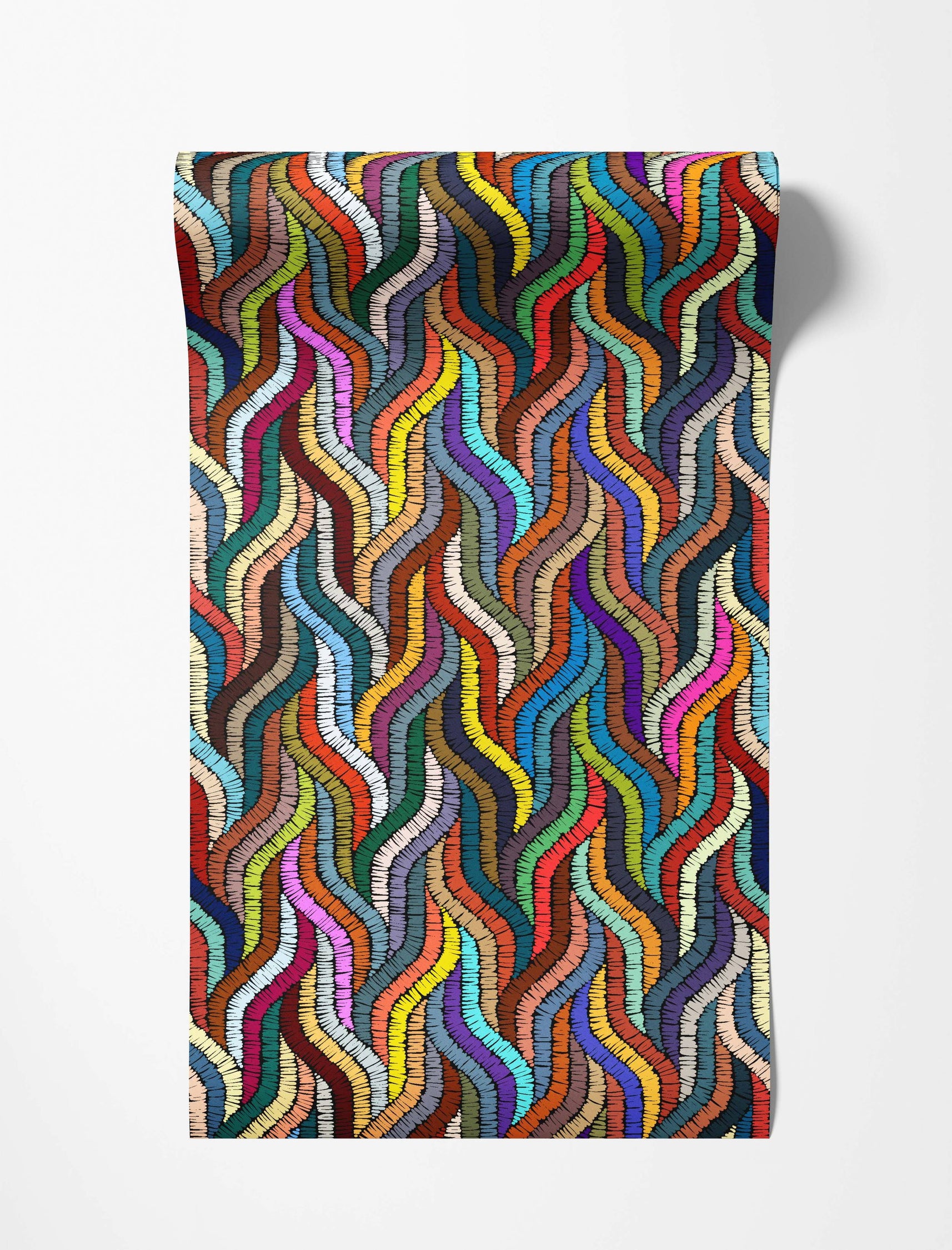 Wallpaper featuring a vibrant array of multicolored, wavy vertical lines with a distinctive stitched texture.