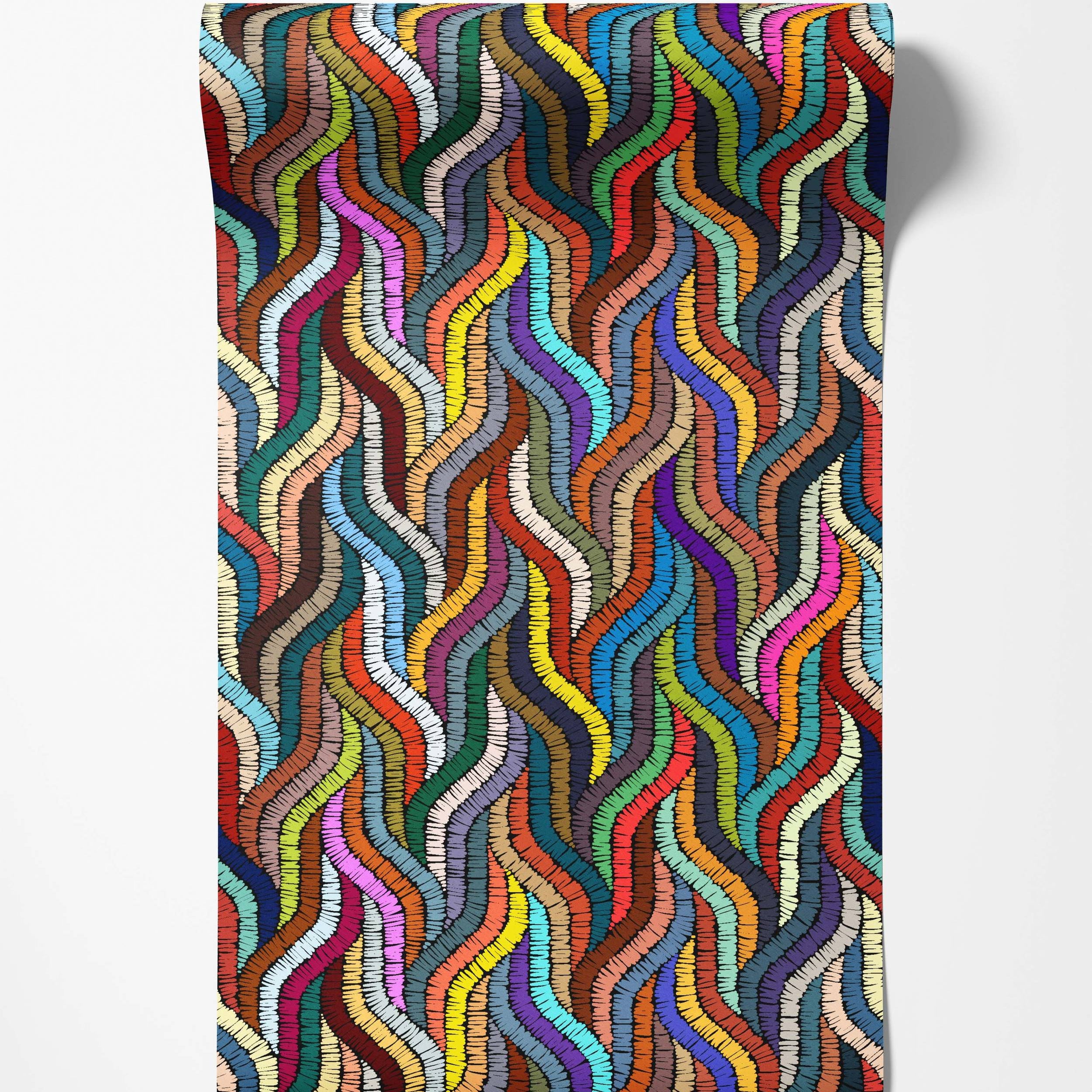 Wallpaper featuring a vibrant array of multicolored, wavy vertical lines with a distinctive stitched texture.