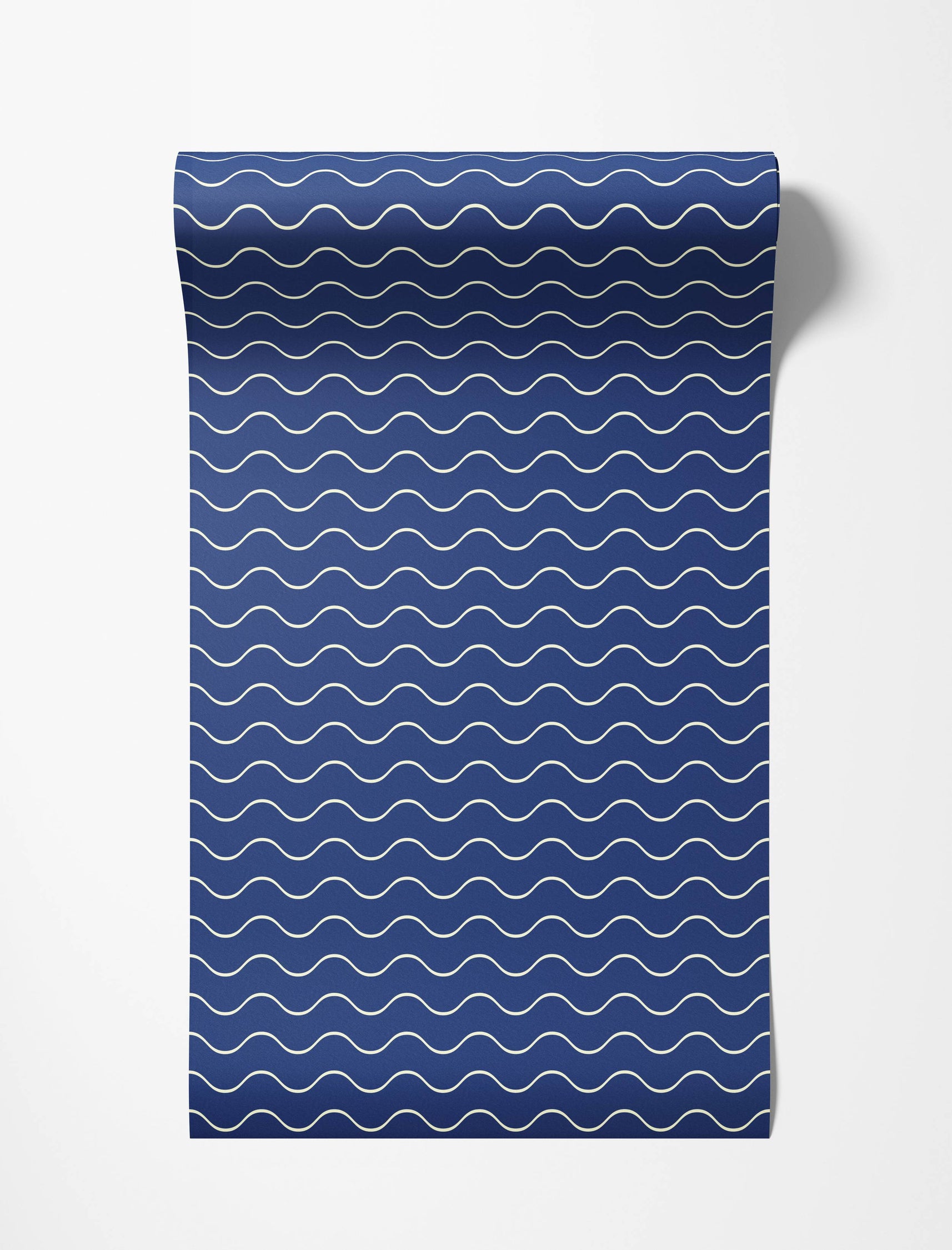 Wallpaper showcasing a pattern of thin, cream-colored wavy horizontal lines against a navy blue background.