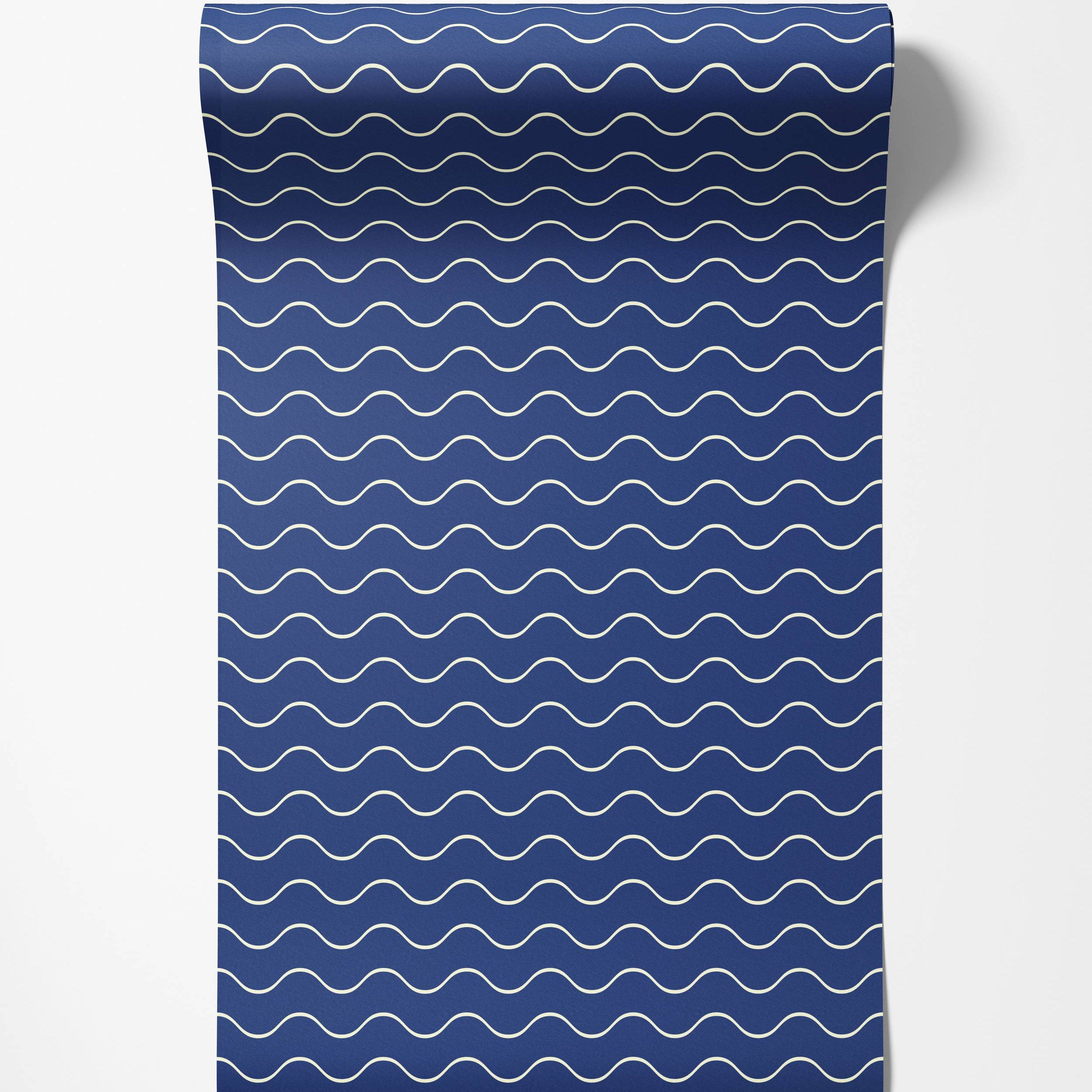 Wallpaper showcasing a pattern of thin, cream-colored wavy horizontal lines against a navy blue background.