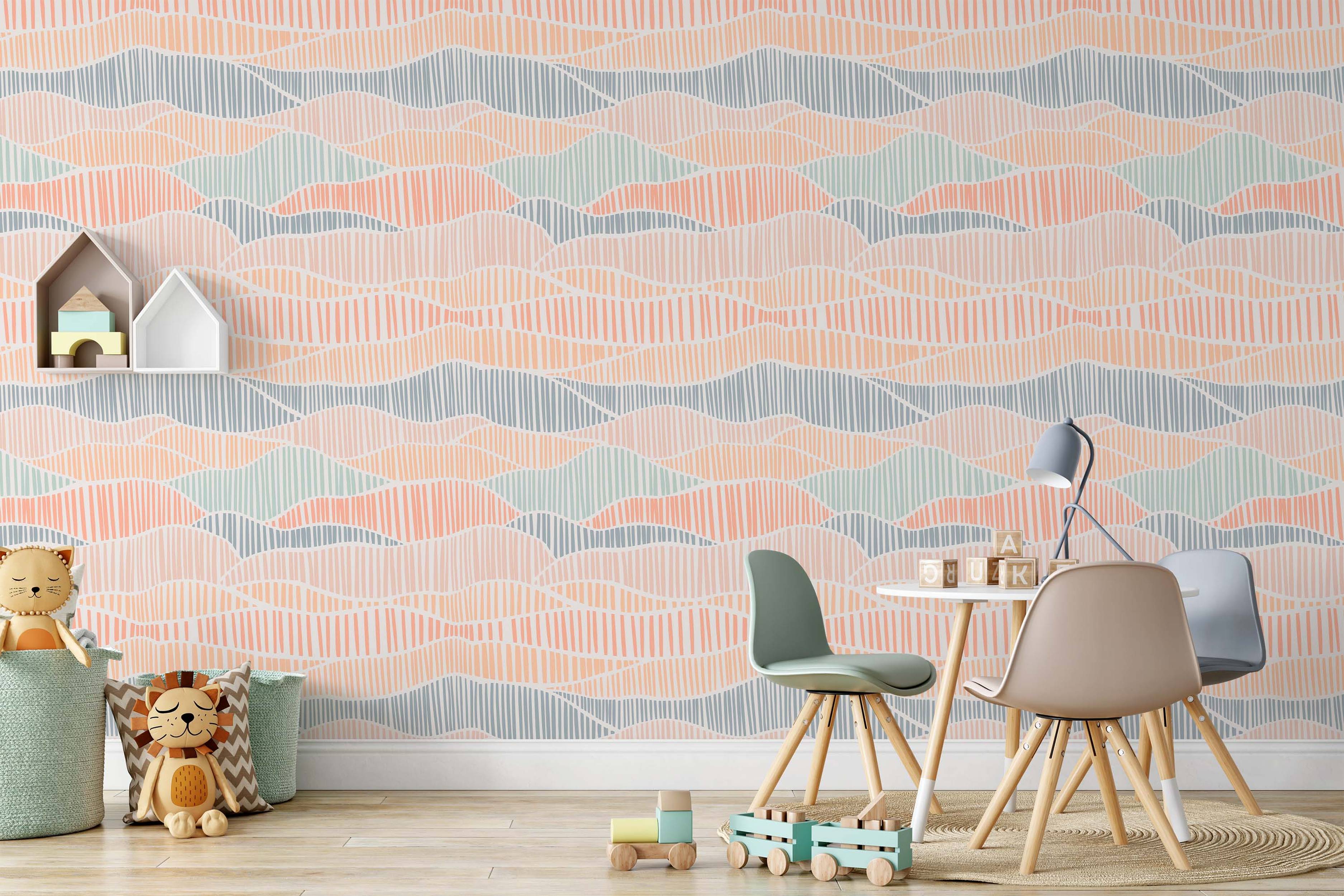 Abstract wallpaper with wavy bands in peach, mint green, and grey-blue, filled with thin vertical lines on a white background.