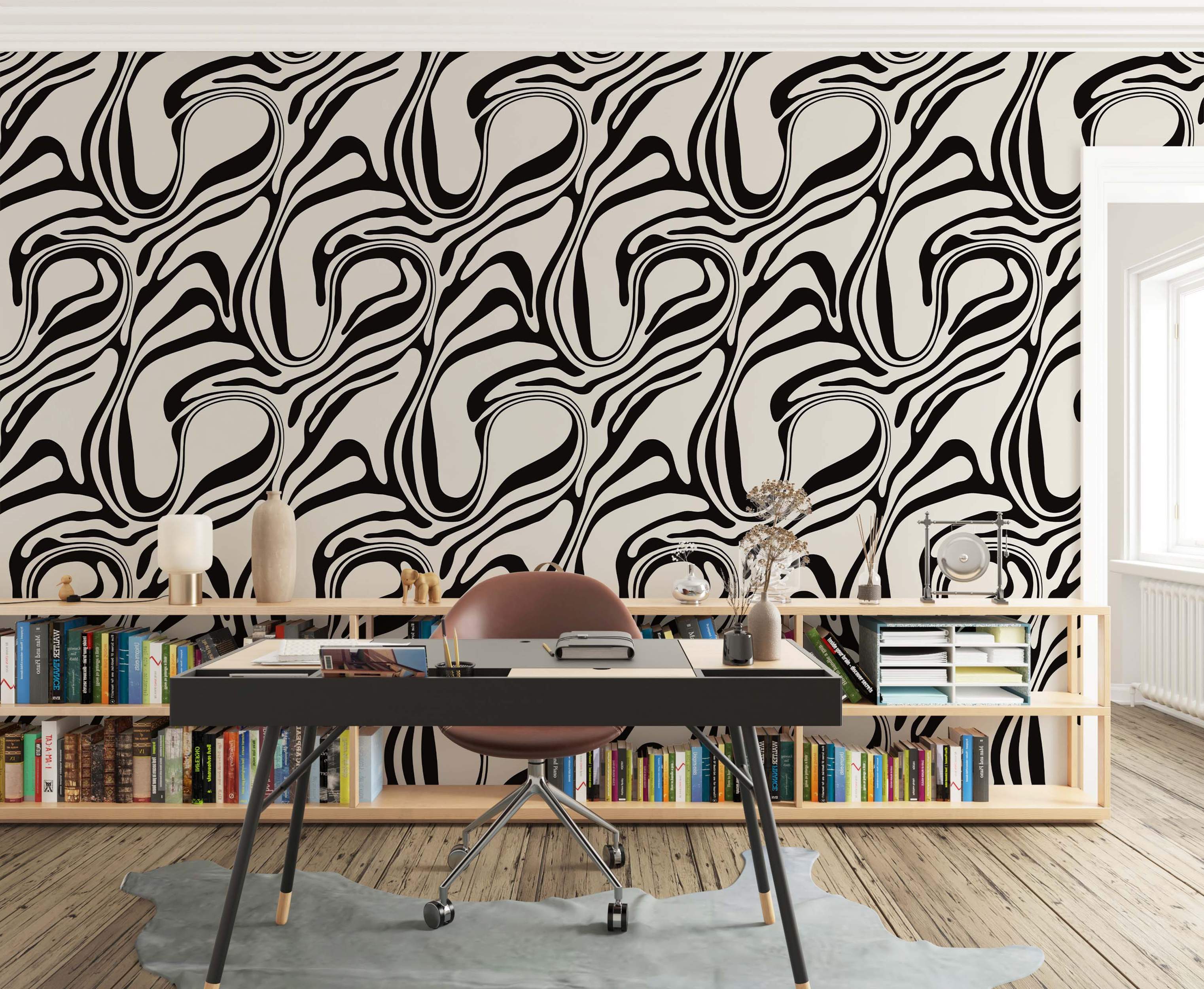 Abstract wallpaper featuring thick, swirling black lines creating a fluid, wavy pattern on a creamy off-white background.