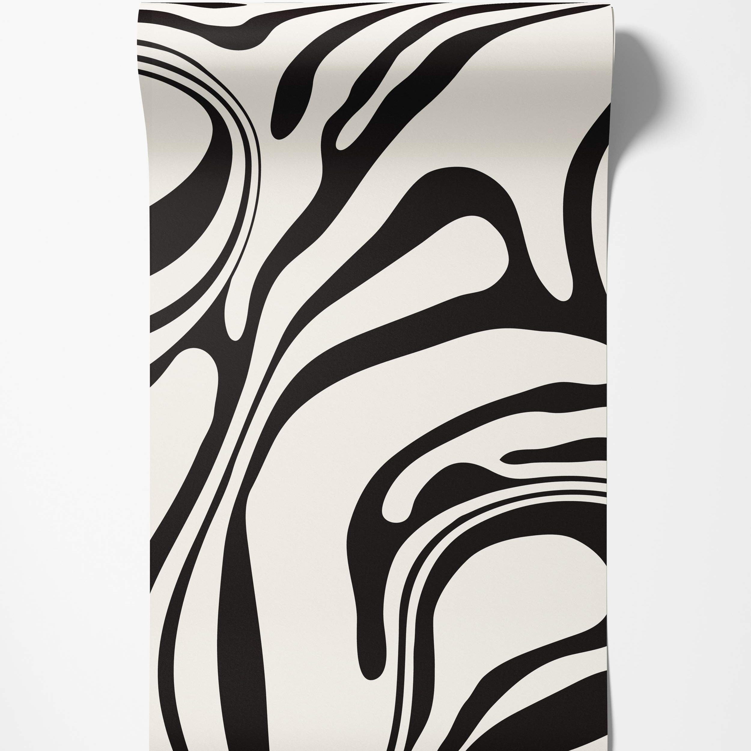Abstract wallpaper featuring flowing, wavy black lines on an off-white background, creating a liquid marble effect.