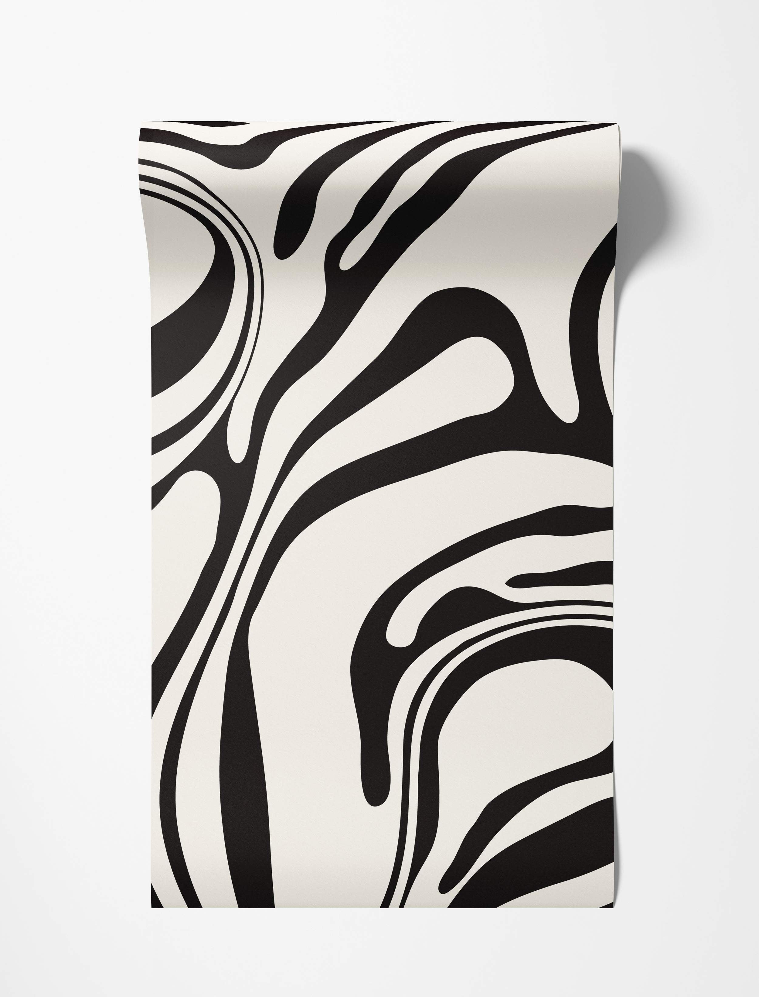 Abstract wallpaper featuring flowing, wavy black lines on an off-white background, creating a liquid marble effect.