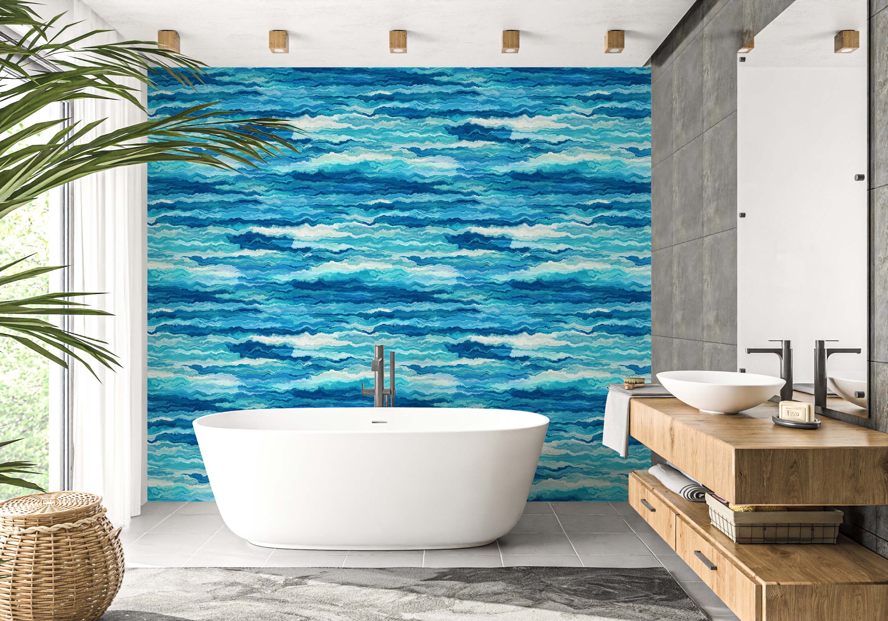 Wallpaper displaying a wavy paint-effect pattern with horizontal bands of various blues and white, creating a fluid motion.