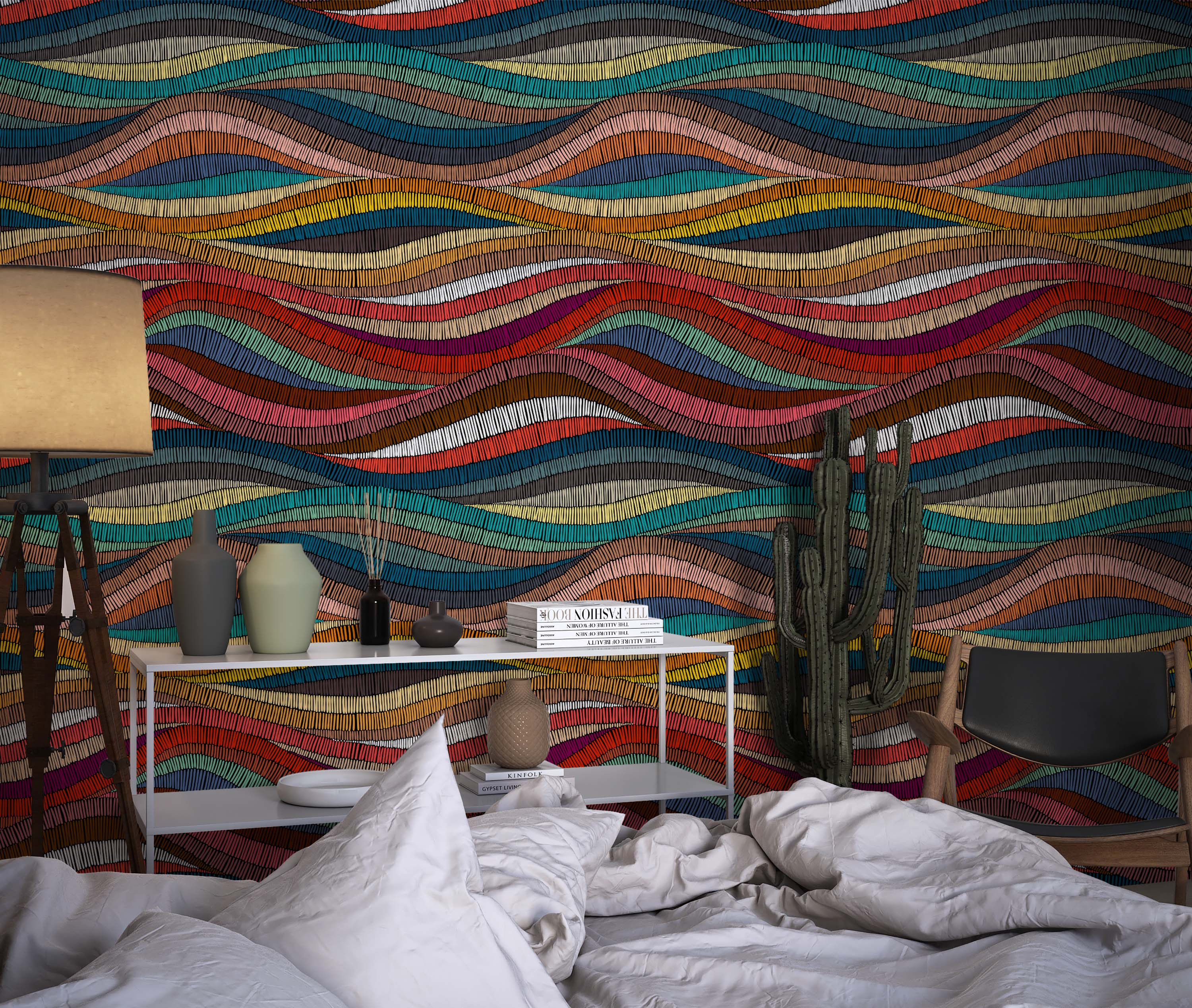 Wallpaper showcasing a vibrant pattern of multicolored wavy bands, each composed of short, vertical stitched-like lines.