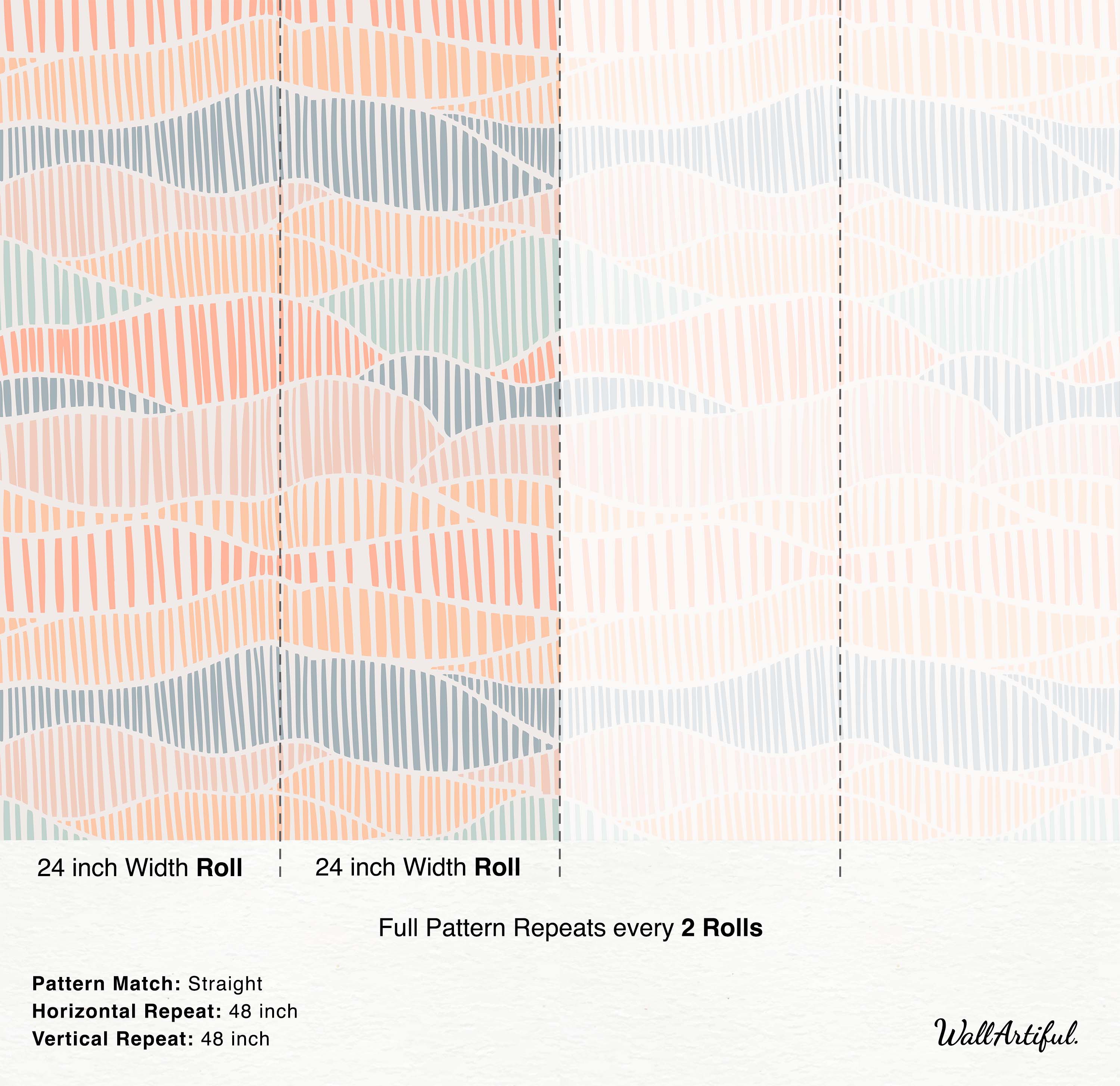 Abstract wavy hills wallpaper pattern with vertical stripes in pastel peach, orange, and blue-gray on off-white.
