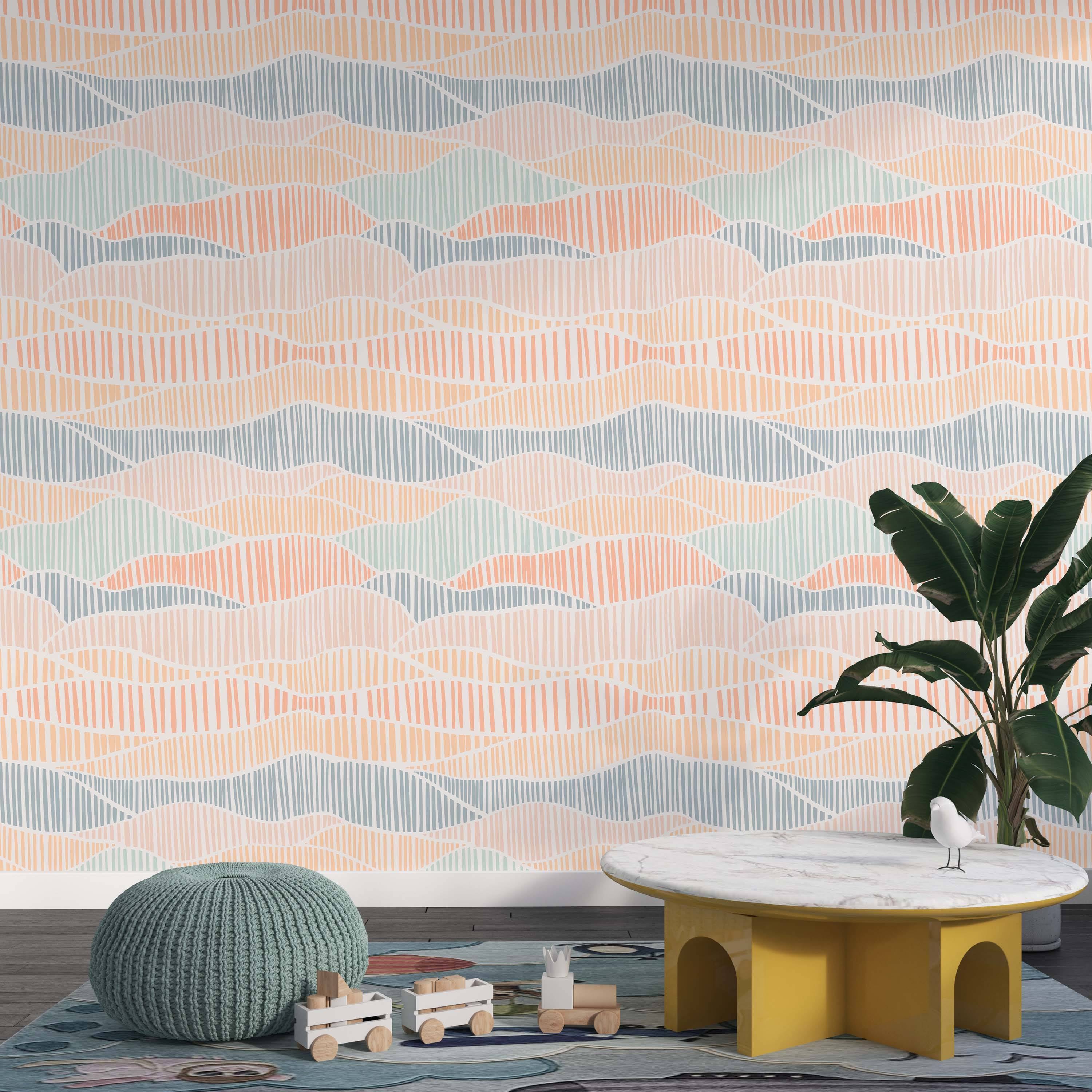 Wallpaper features abstract wavy bands in pastel peach, light blue, and dusty blue, filled with vertical line textures.