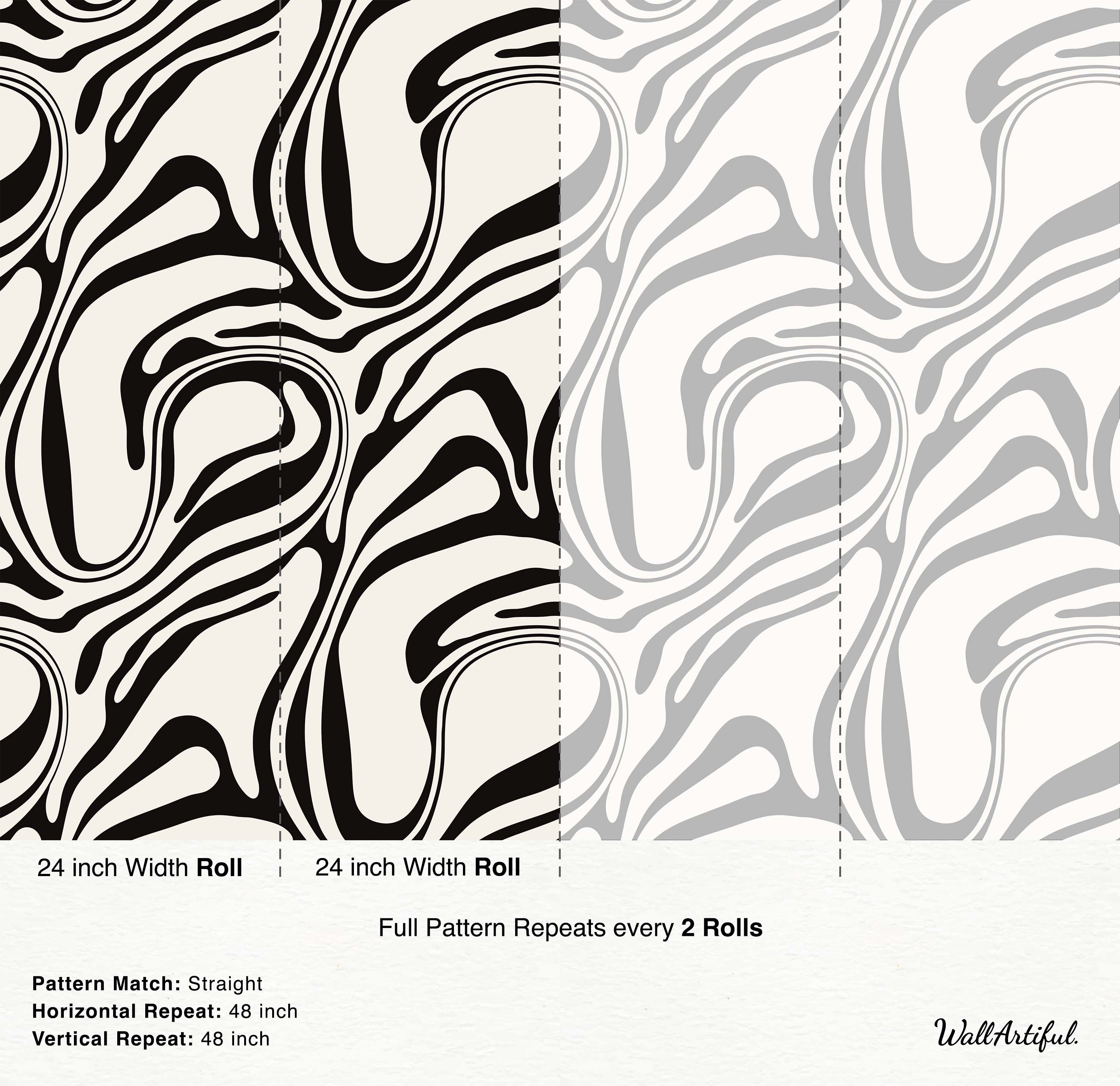 Abstract wavy striped wallpaper with bold black lines on a beige background, shown next to a gray variation.