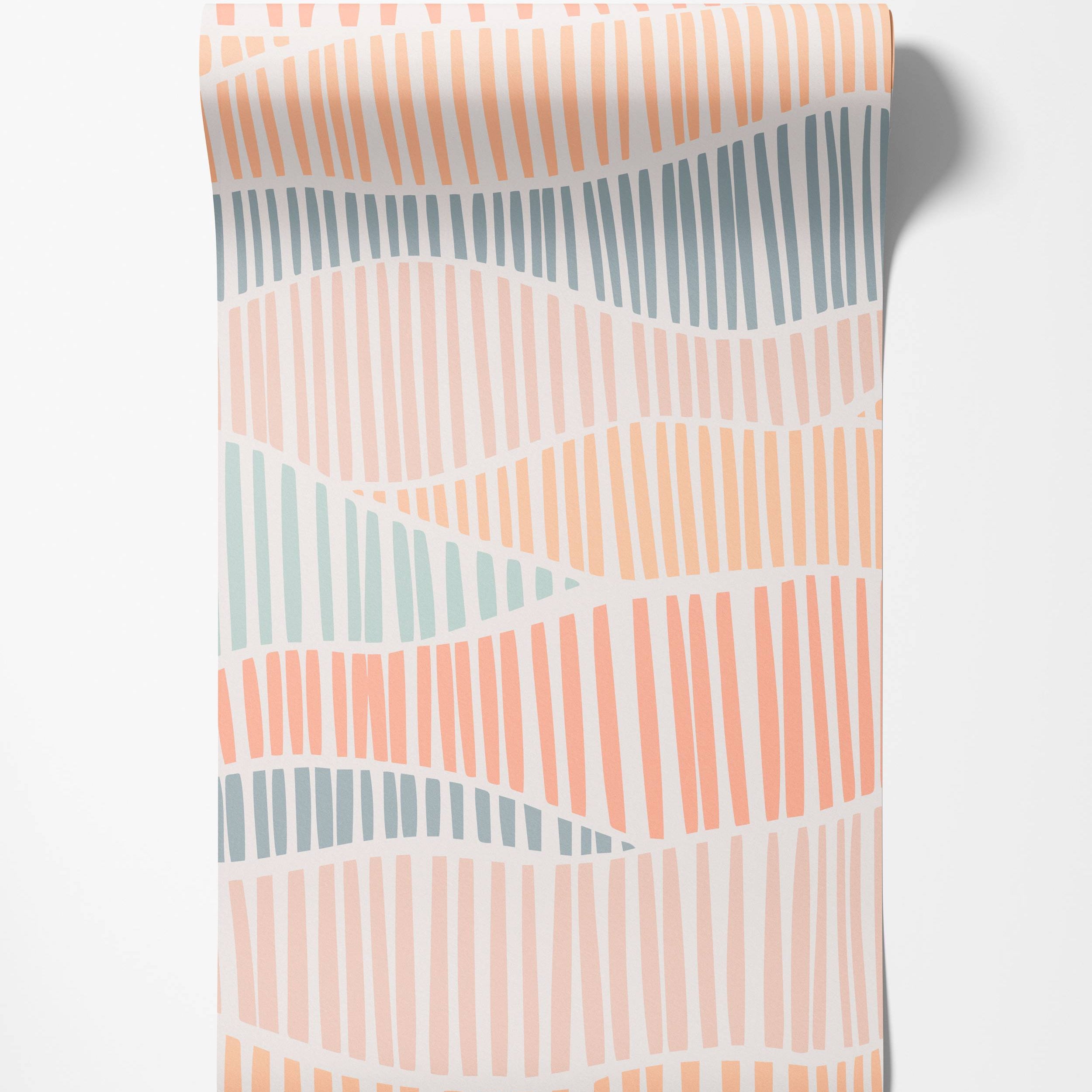 Abstract wallpaper with wavy horizontal bands of vertical stripes in pastel peach, blue-gray, and mint green on white.