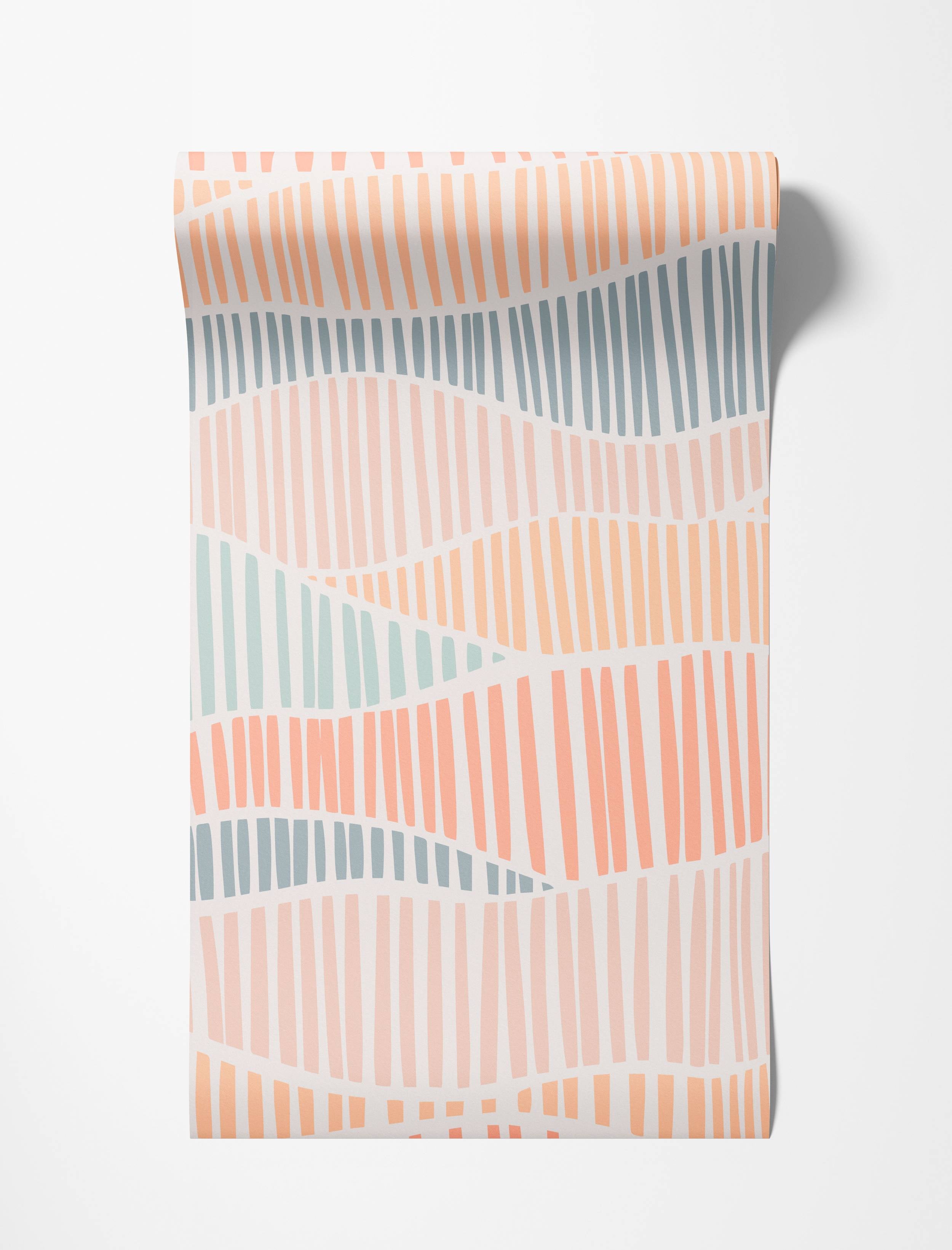 Abstract wallpaper with wavy horizontal bands of vertical stripes in pastel peach, blue-gray, and mint green on white.