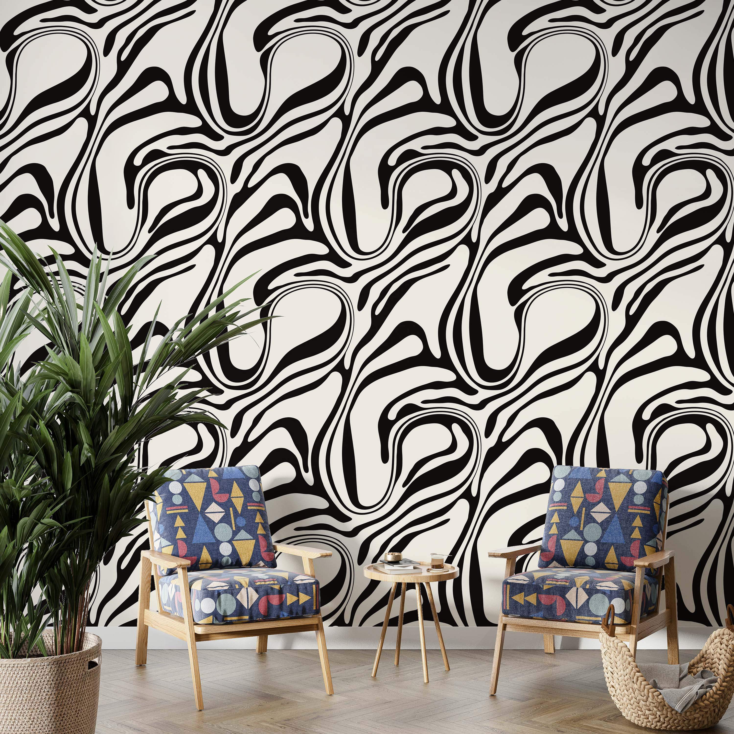 Abstract wallpaper featuring flowing, wavy black lines creating a swirling, liquid-like pattern on an off-white background.