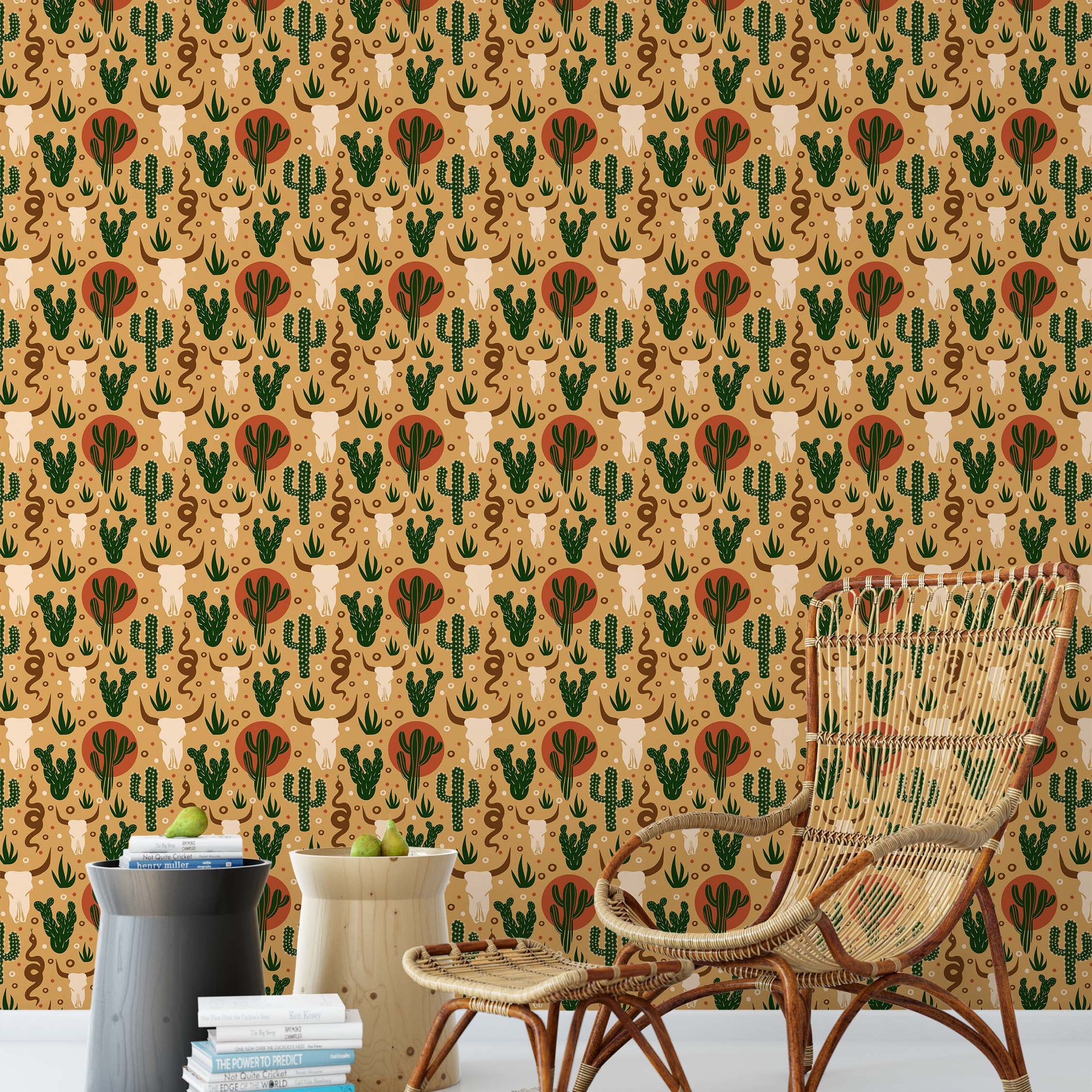 Southwestern wallpaper with a pattern of bull skulls, green cacti, and brown snakes on a tan background with rust accents.