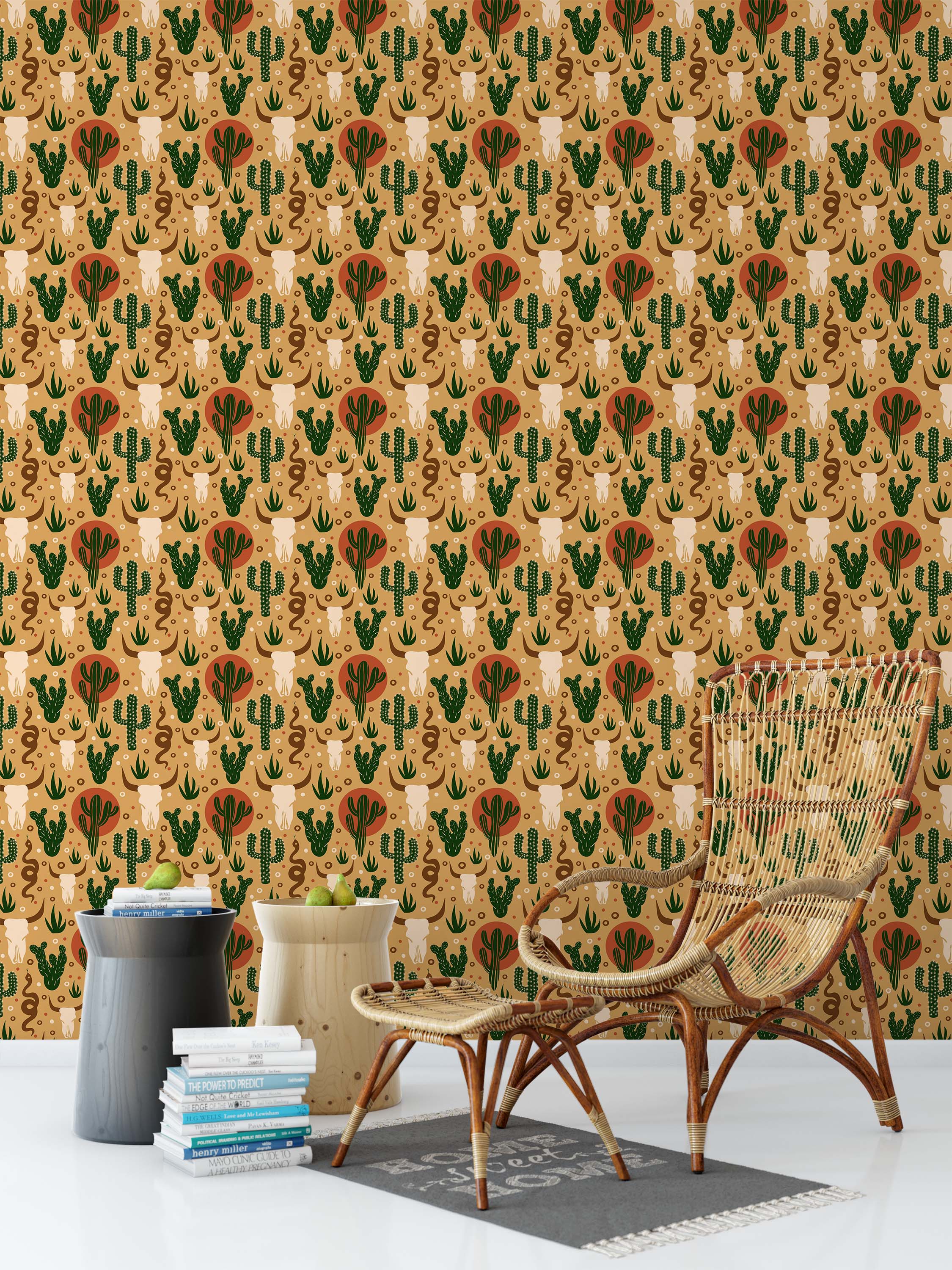 Southwestern wallpaper with a pattern of bull skulls, green cacti, and brown snakes on a tan background with rust accents.