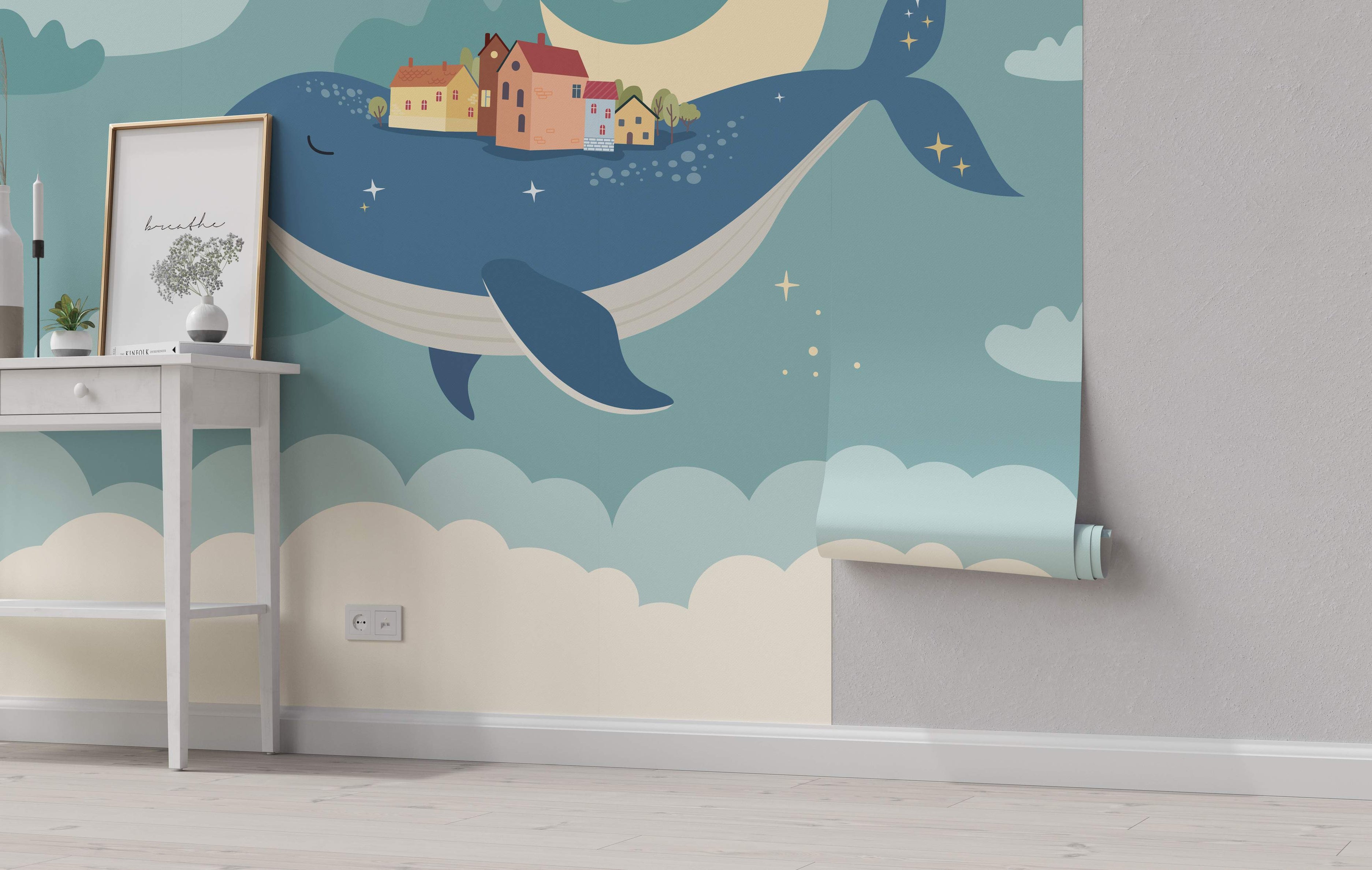 Whimsical mural featuring a large blue whale carrying colorful houses on its back, floating amidst beige clouds and stars in a light blue sky.