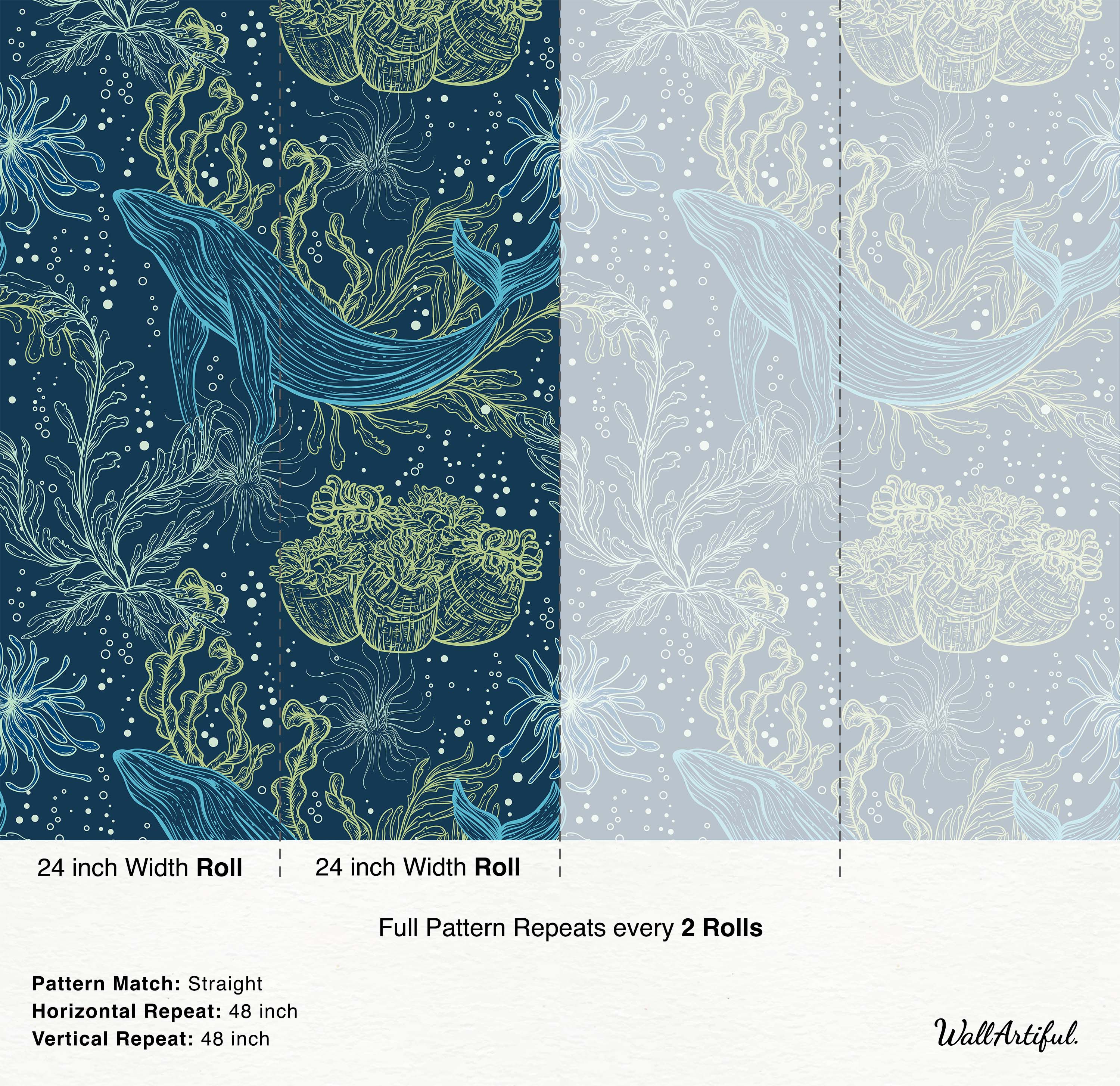 Illustrative wallpaper with blue whales, green seaweed, and air bubbles on a dark navy background, shown with a light blue alternate.