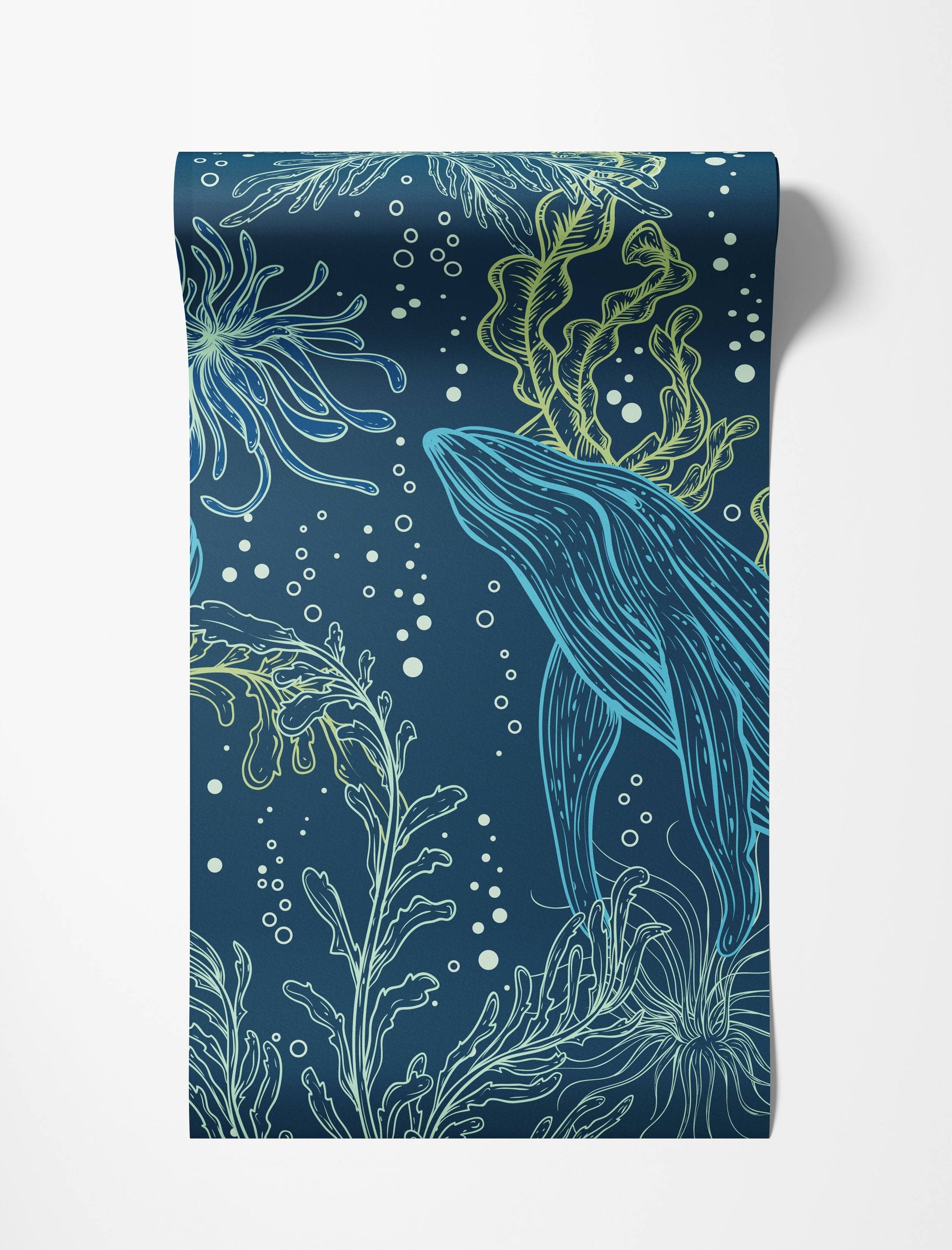 Illustrative wallpaper of a blue whale swimming in a dark blue sea with green and blue seaweed and bubbles.