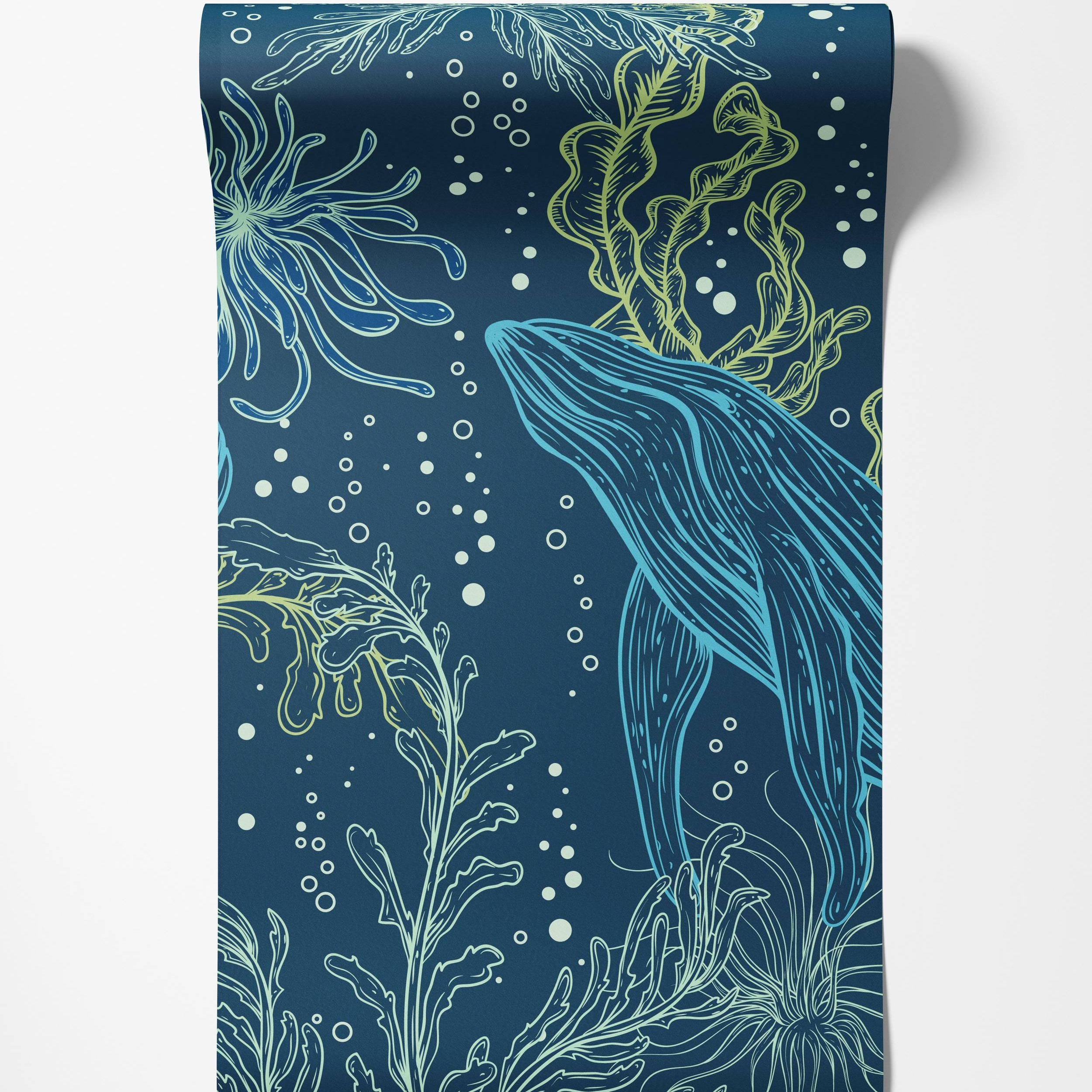 Illustrative wallpaper of a blue whale swimming in a dark blue sea with green and blue seaweed and bubbles.