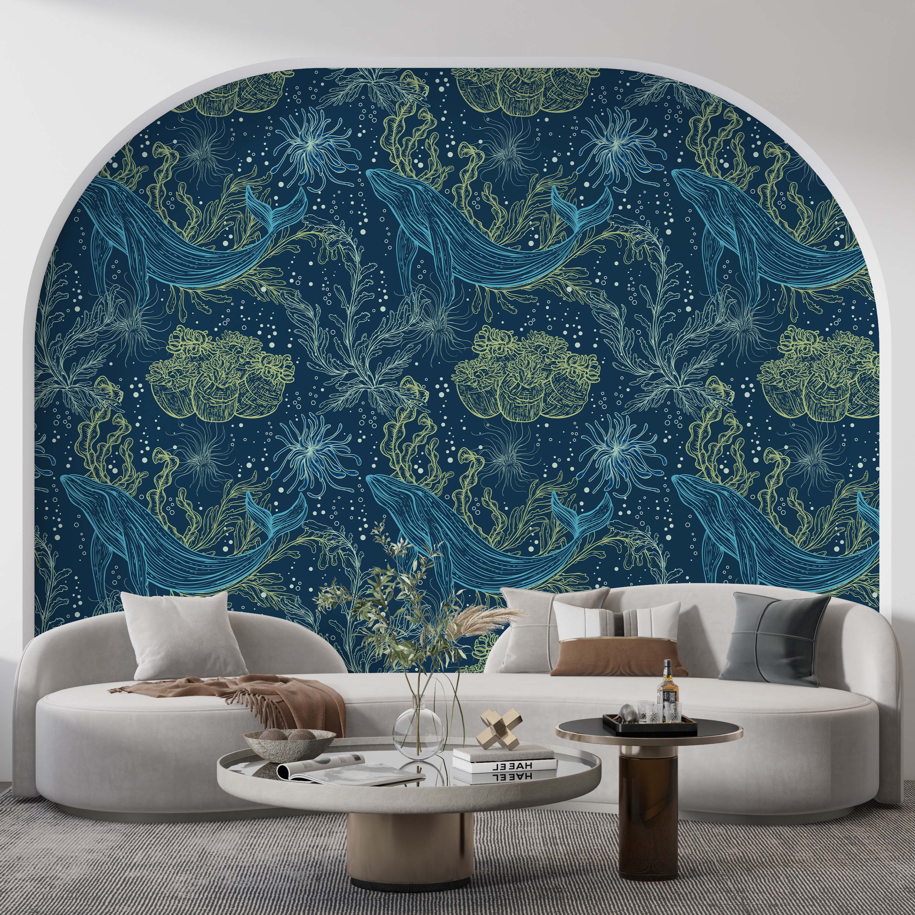 Illustrative wallpaper of blue whales and green seaweed on a dark navy background.