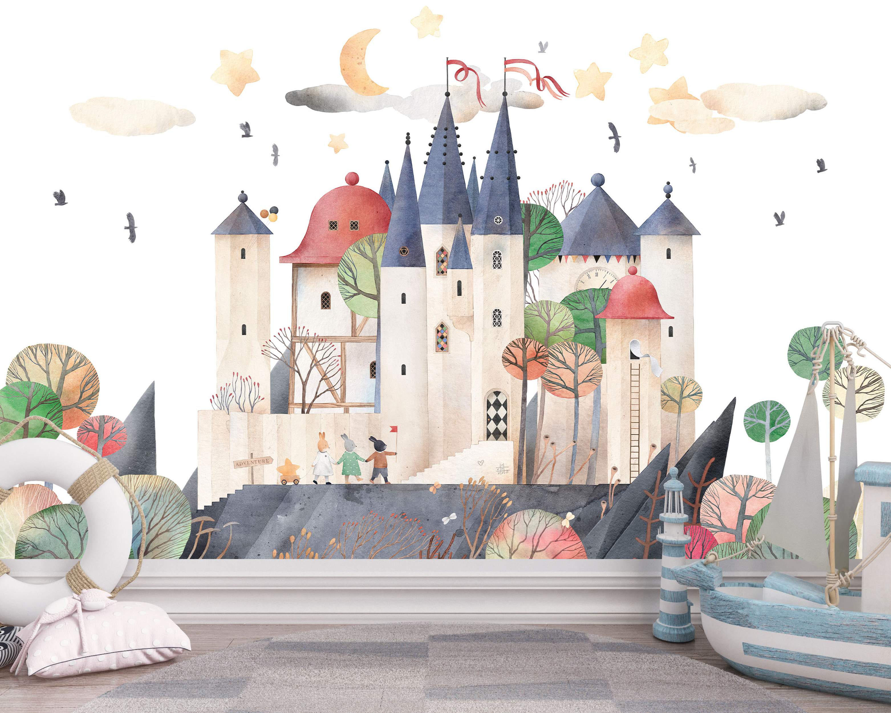 Whimsical castle mural with colorful towers and trees.