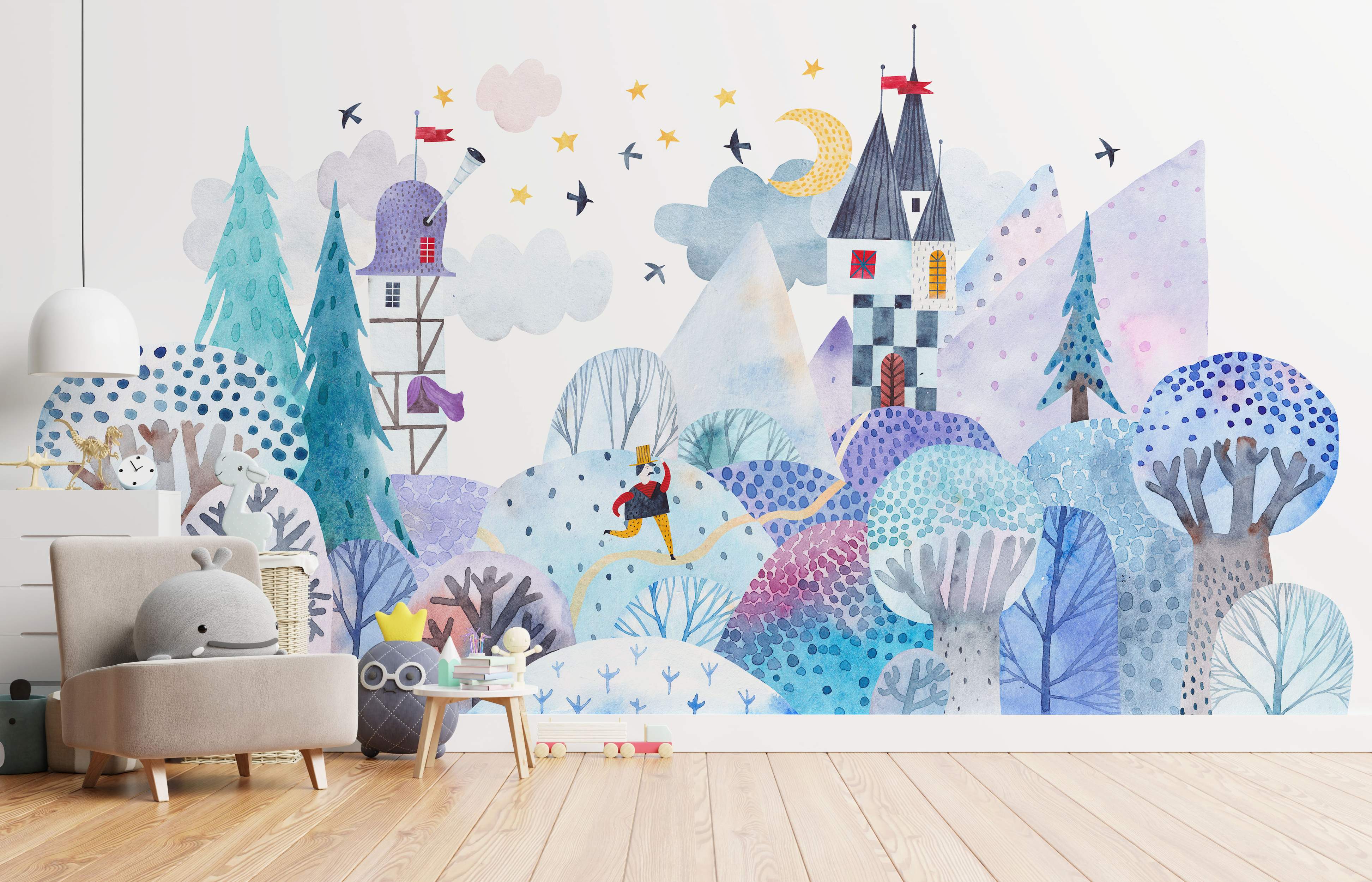 Watercolor mural depicting a whimsical fairytale landscape with castles, trees, hills, moon, and stars in blues and purples.
