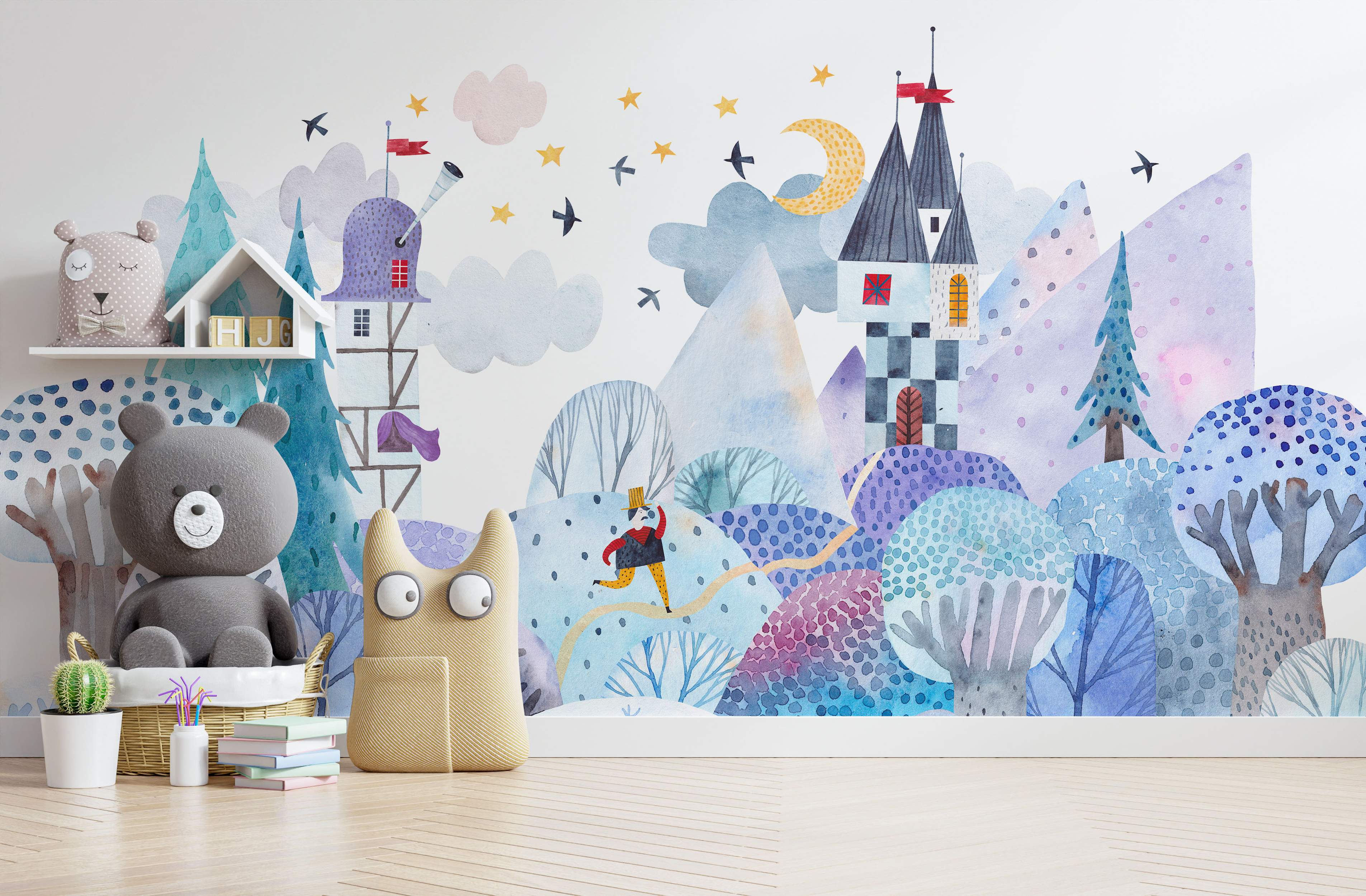 Whimsical watercolor mural featuring a fantasy landscape with a castle, tower, stylized trees, hills, moon, and stars in blues and purples.