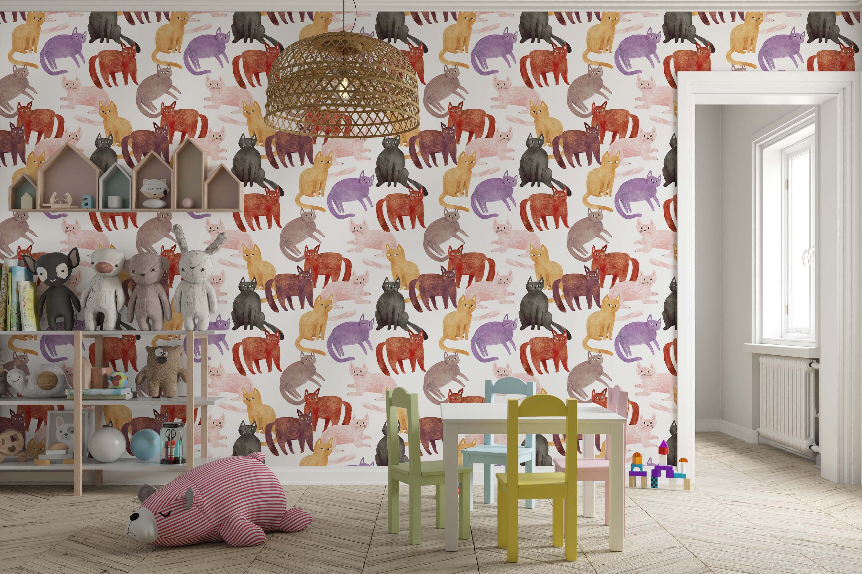 Whimsical wallpaper with a repeating pattern of stylized cats in red, purple, gold, pink, and black on a light background.