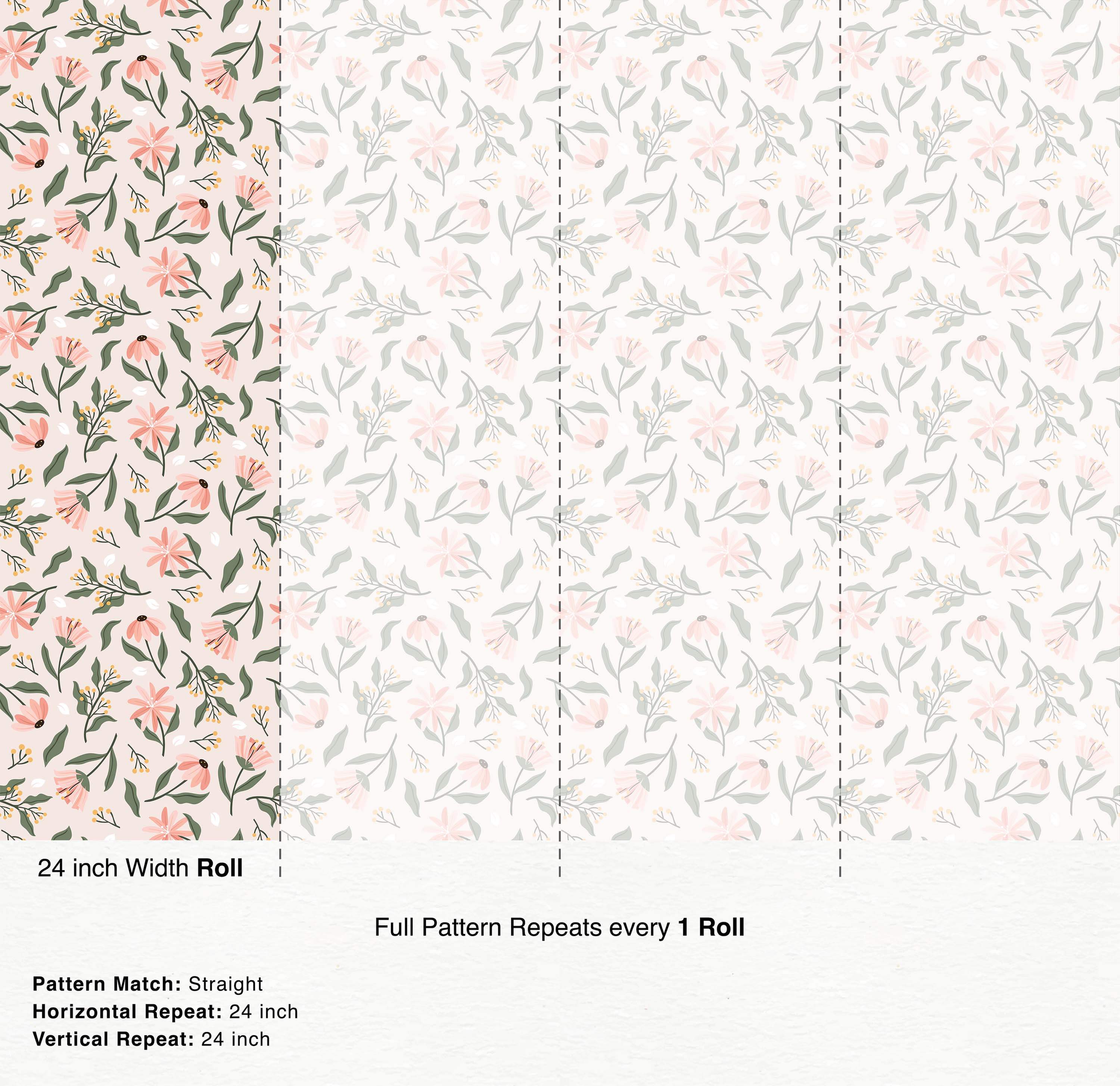 Whimsical floral wallpaper with pink blossoms, sage green leaves, and yellow accents scattered on a light cream background.
