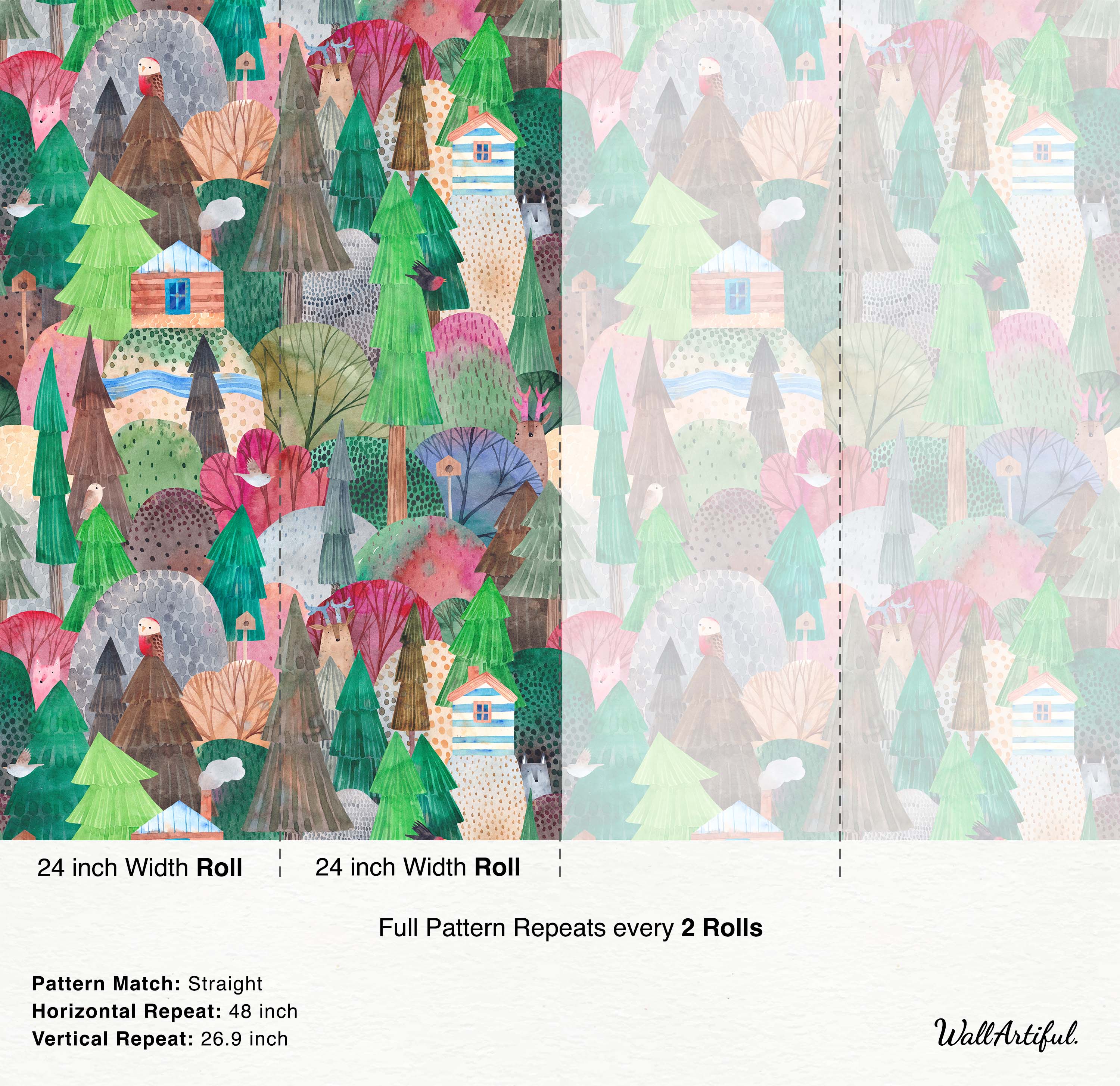 Whimsical watercolor forest wallpaper featuring colorful trees, hills, houses, and animals like owls, foxes, and deer.