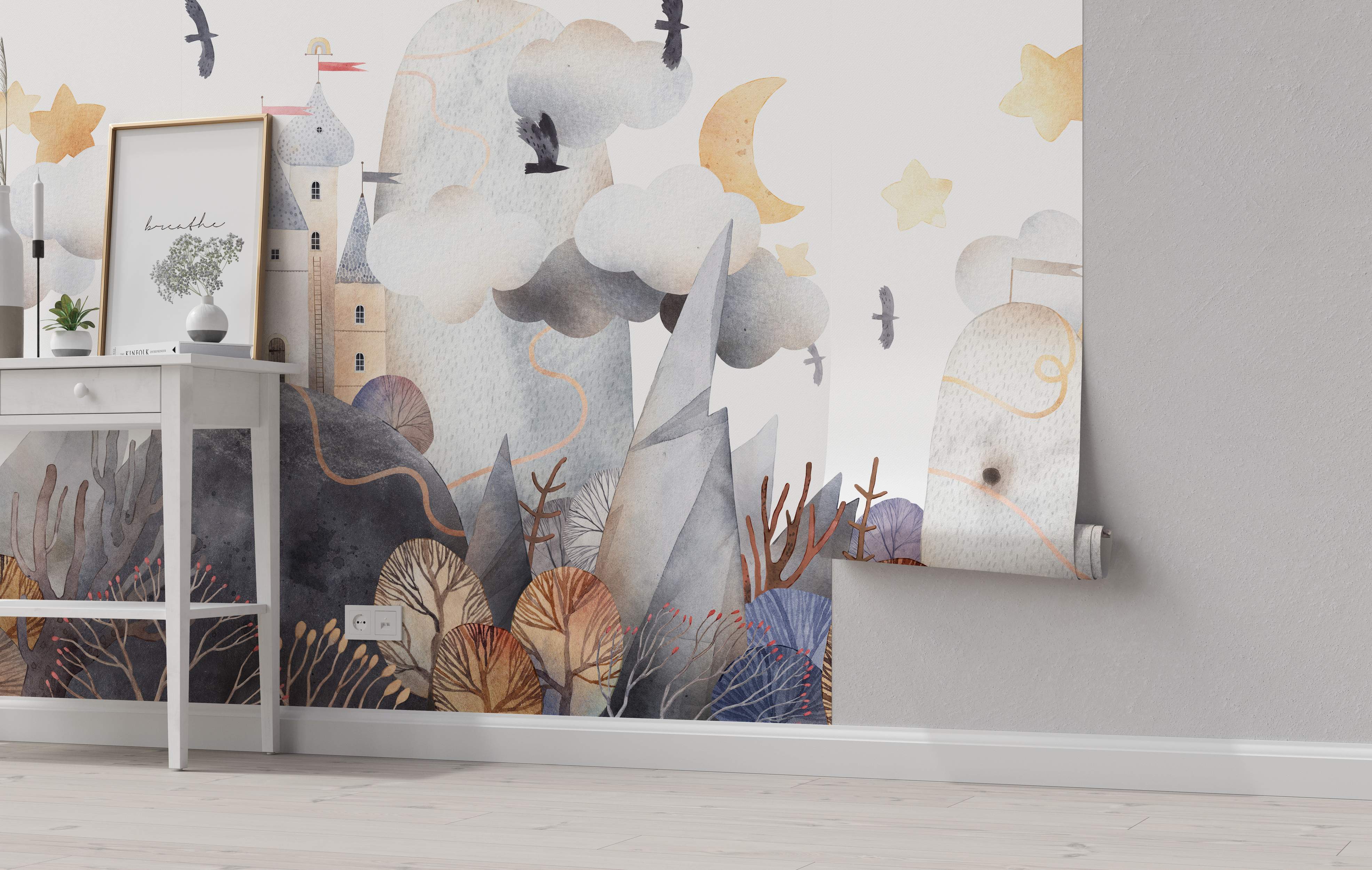 Whimsical watercolor landscape mural with gray mountains, stylized trees, a castle, birds, moon, and stars in muted tones.