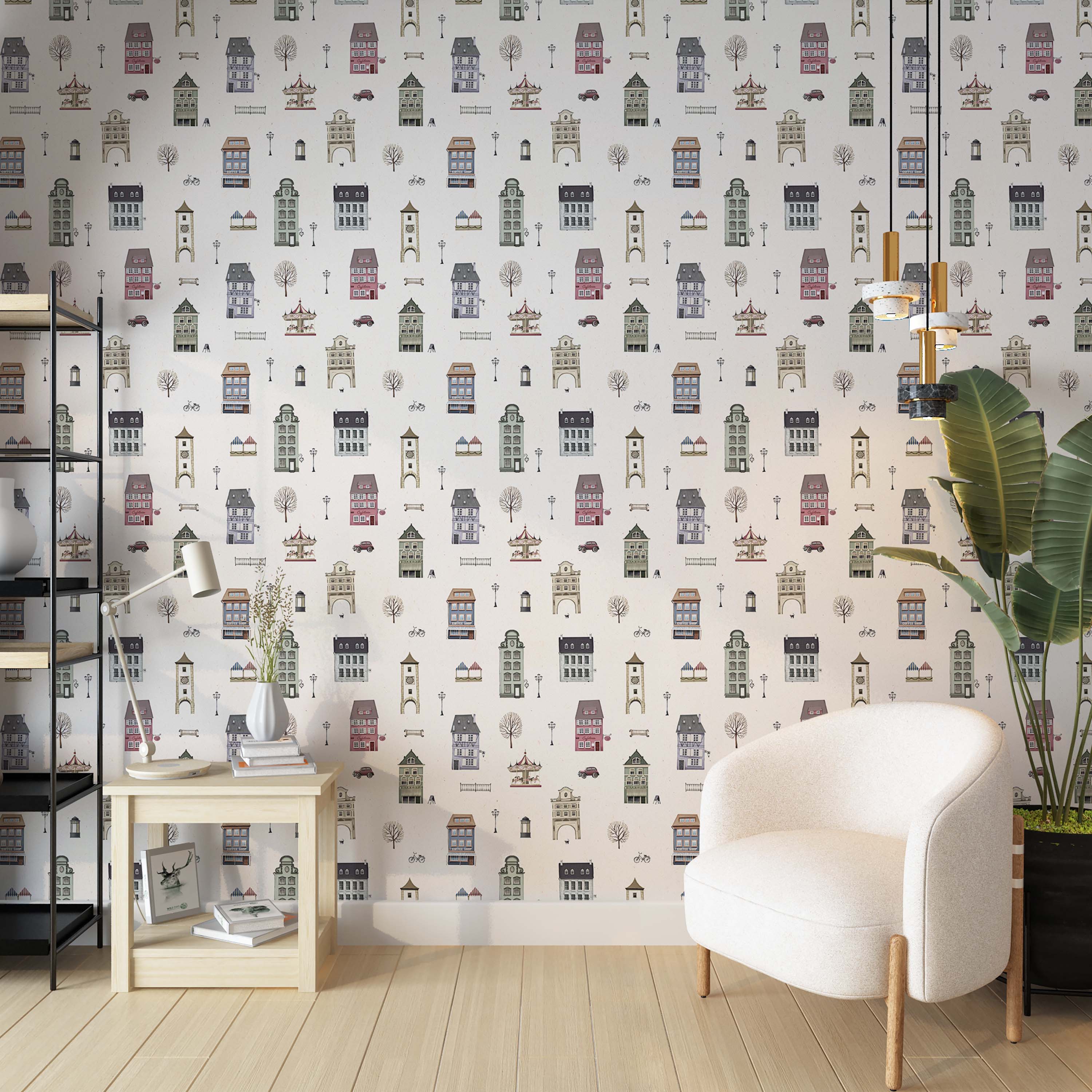 Whimsical wallpaper featuring a repeating pattern of illustrated town houses, trees, and carousels in muted pinks, blues, and greens.