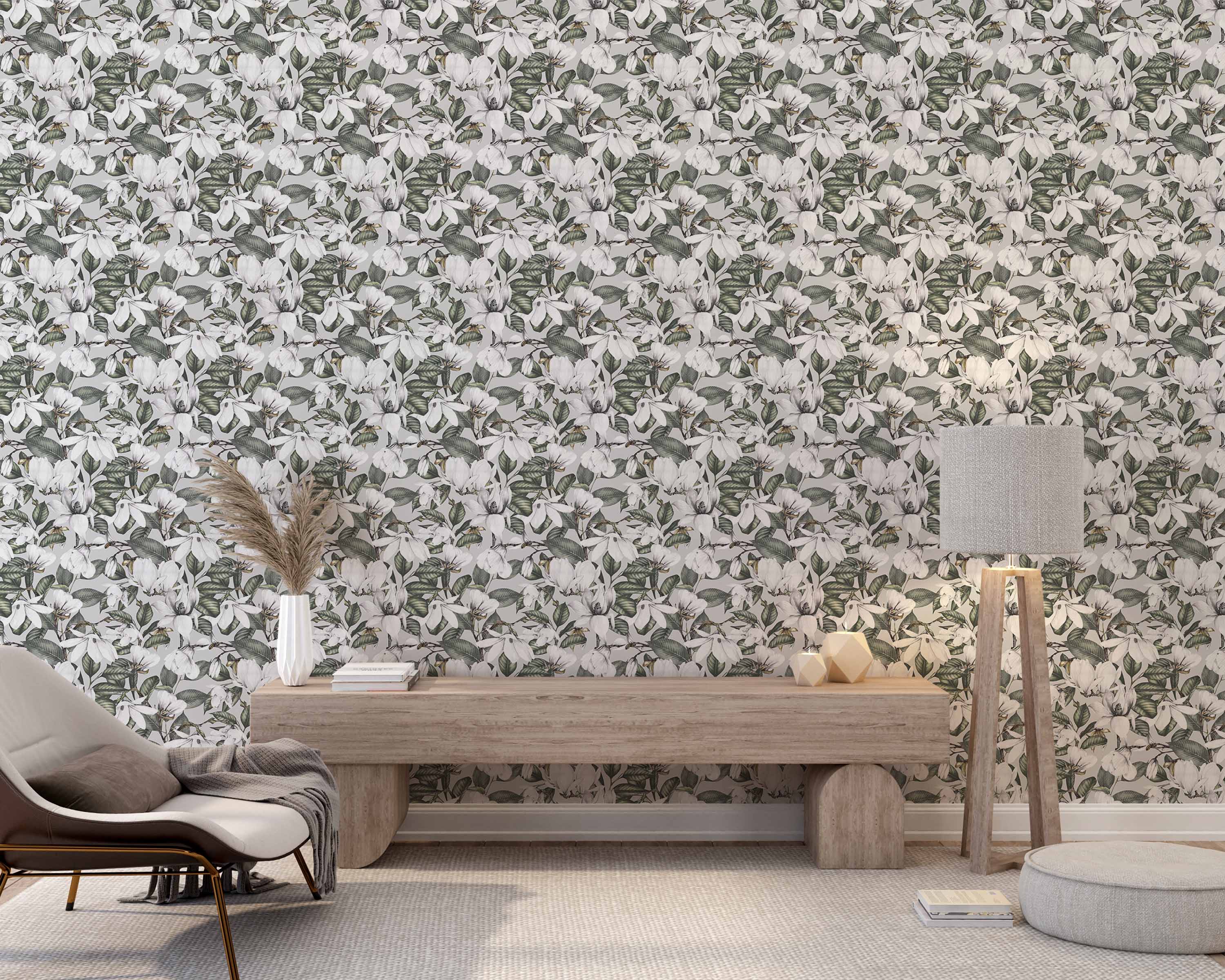 Wallpaper featuring a repeating pattern of large white flowers and green leaves on a light grey background.