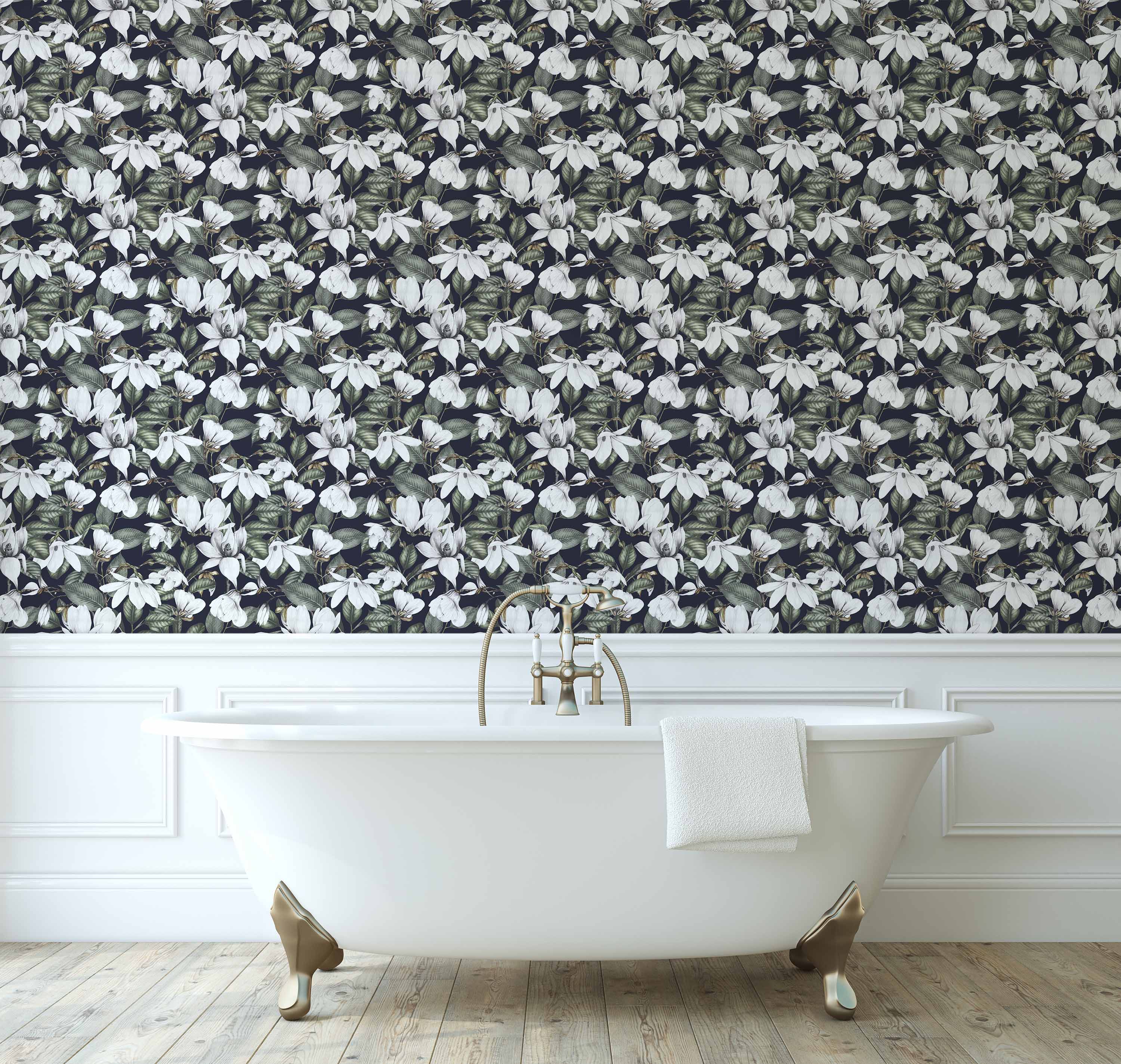 Dark wallpaper with a dense botanical pattern of large white magnolia flowers and detailed green leaves.
