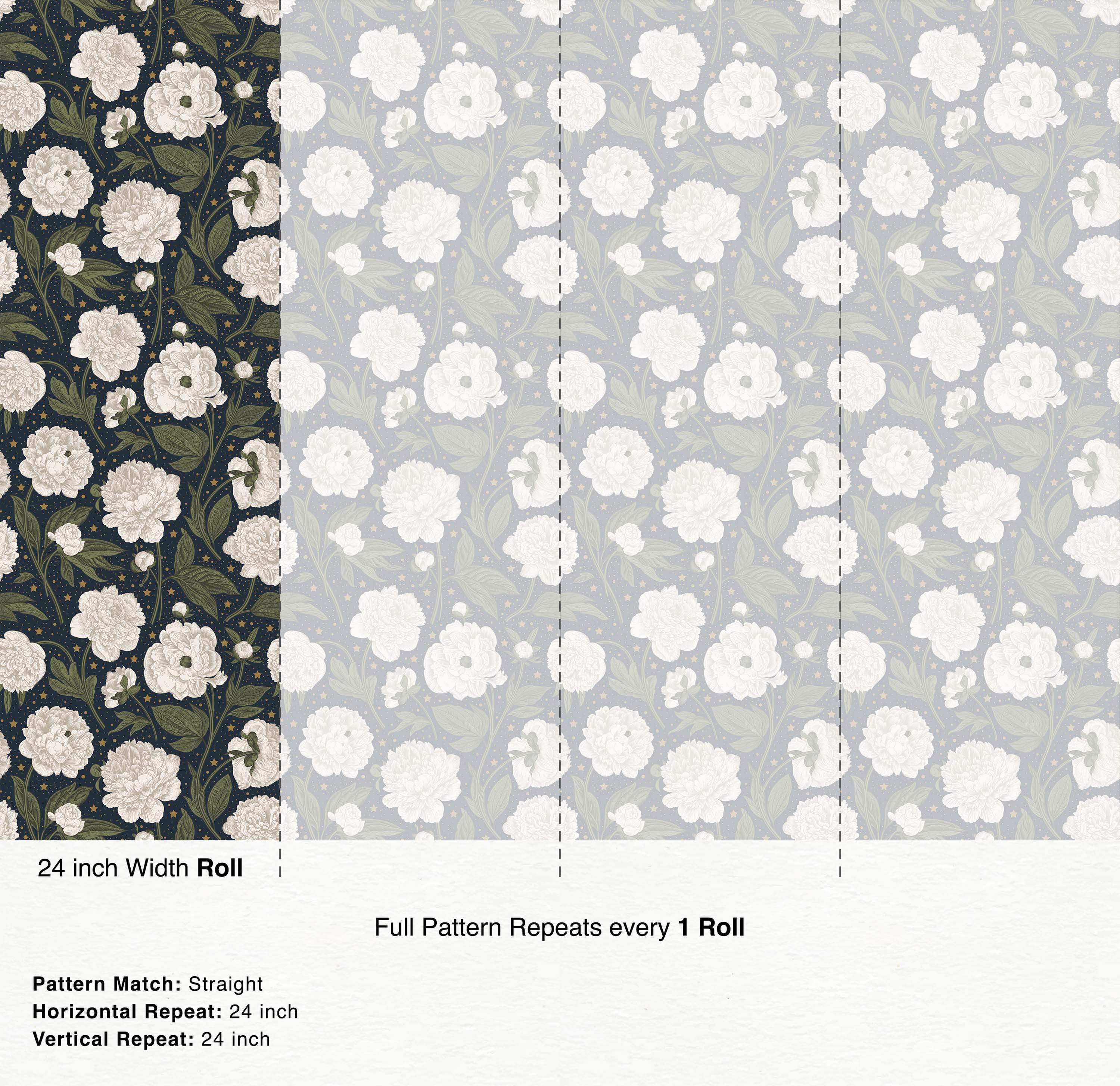 Floral wallpaper featuring detailed white peonies, green leaves, and gold stars on dark blue and light gray backgrounds.