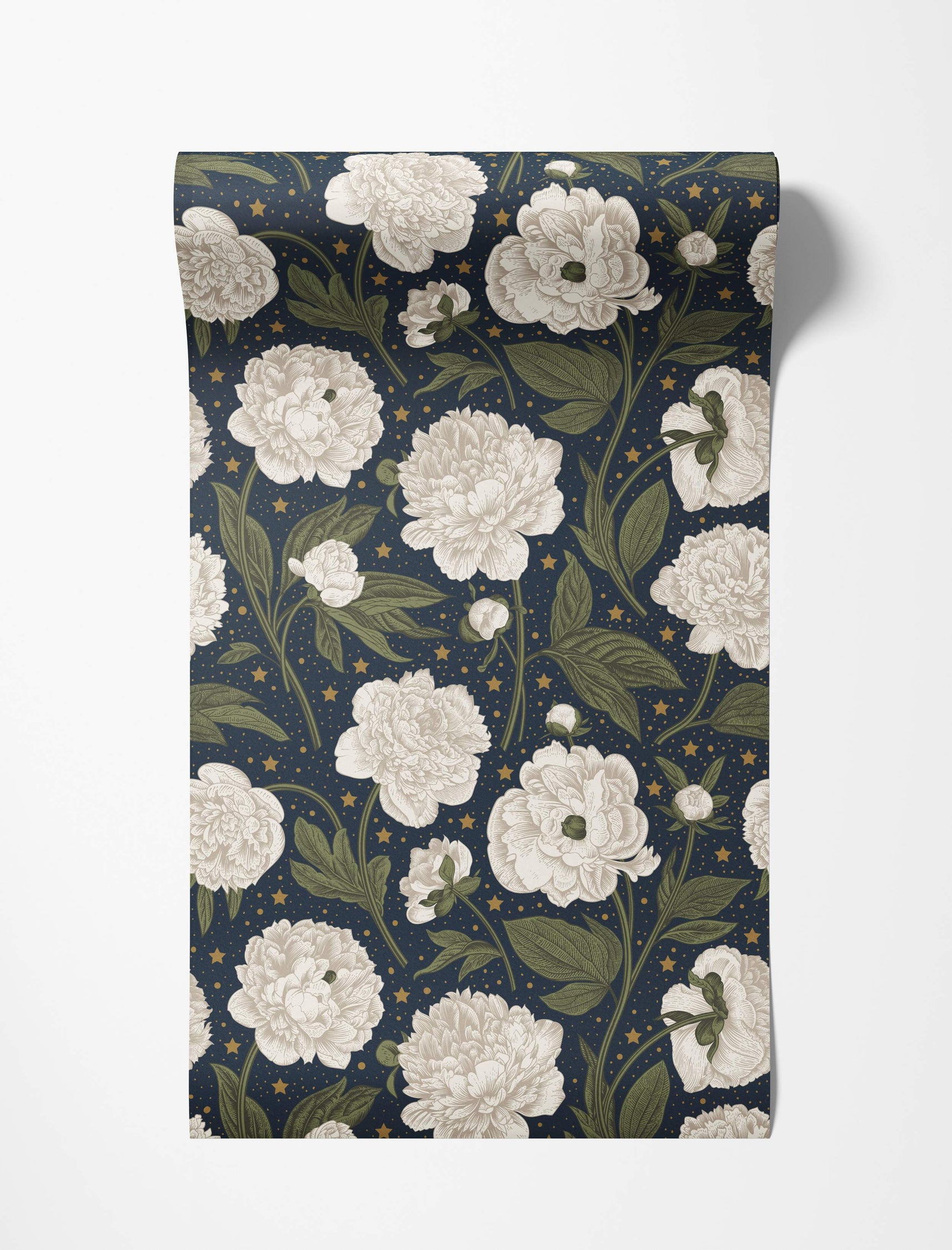 Wallpaper featuring illustrated white peonies and green leaves on a dark navy background with scattered gold stars and dots.